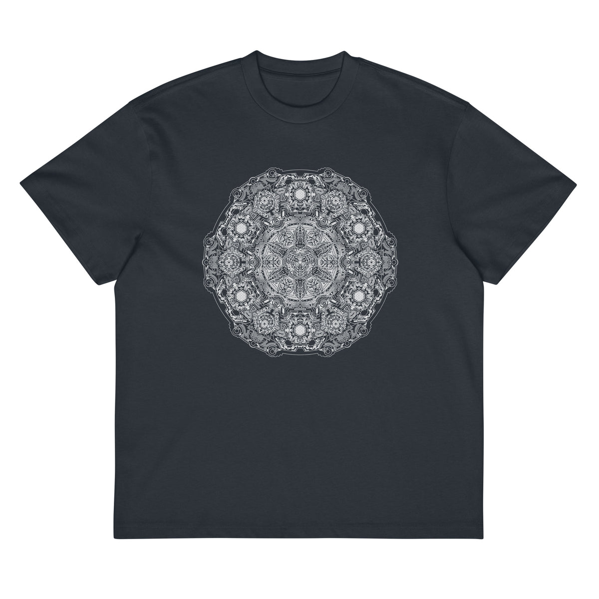 Stargate Origin B&W cotton box t-shirt in Navy Blazer, front view: round white mandala on the chest
