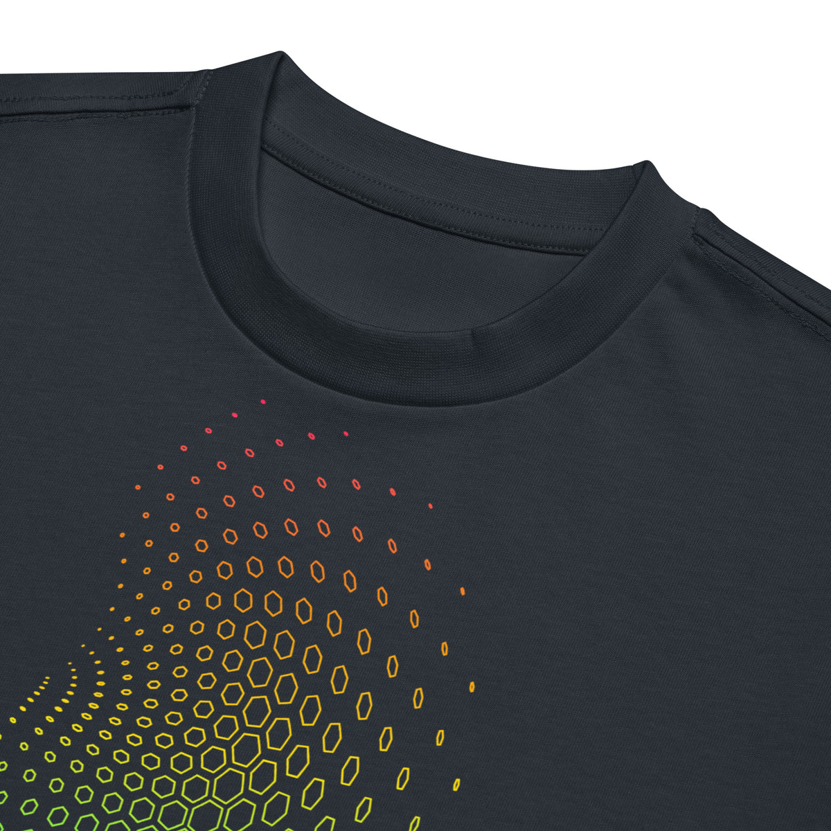 Birth cotton box t-shirt in Navy Blazer, detail: ribbed collar and the red, orange and yellow top of the hexagon field