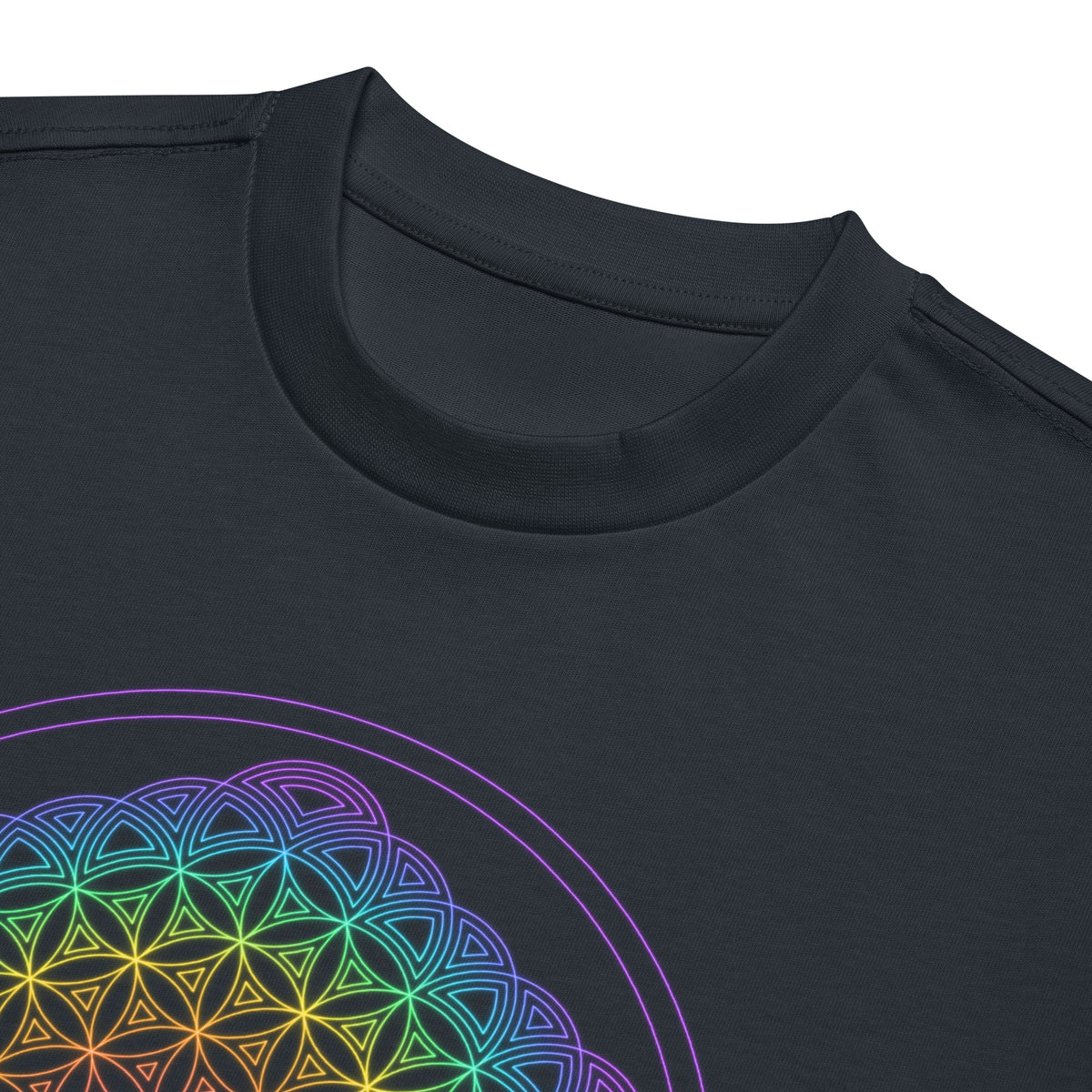 Life of a Flower cotton box t-shirt in Navy Blazer, detail: ribbed collar above violet, blue and green circle lines