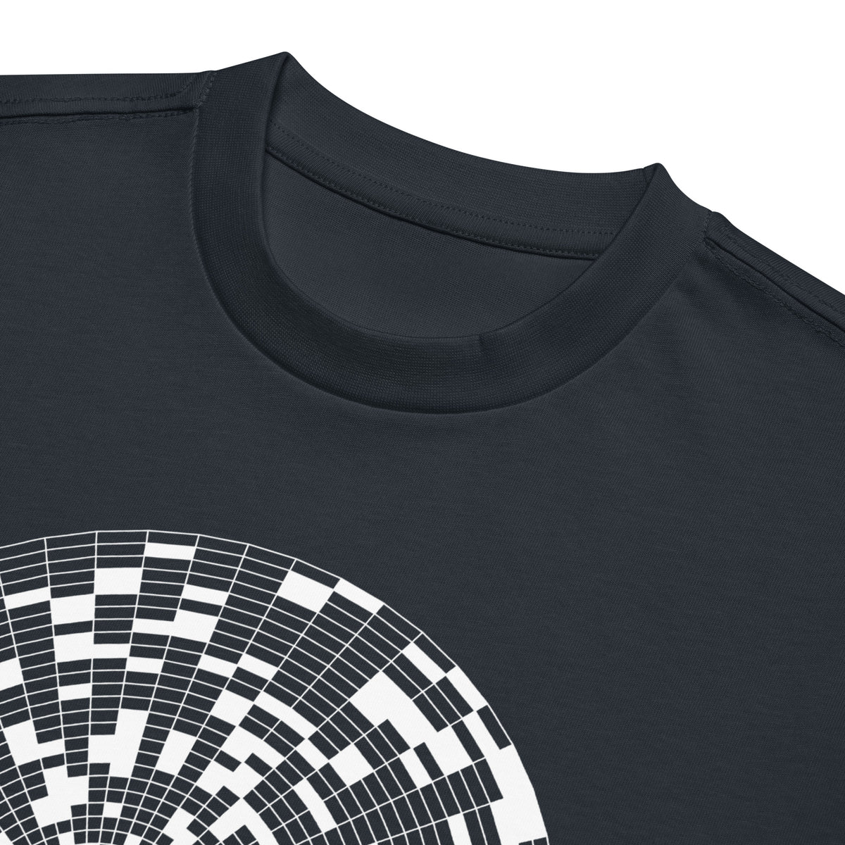 Broken Hex Core cotton box t-shirt in Navy Blazer, detail: ribbed collar above the white cell rings