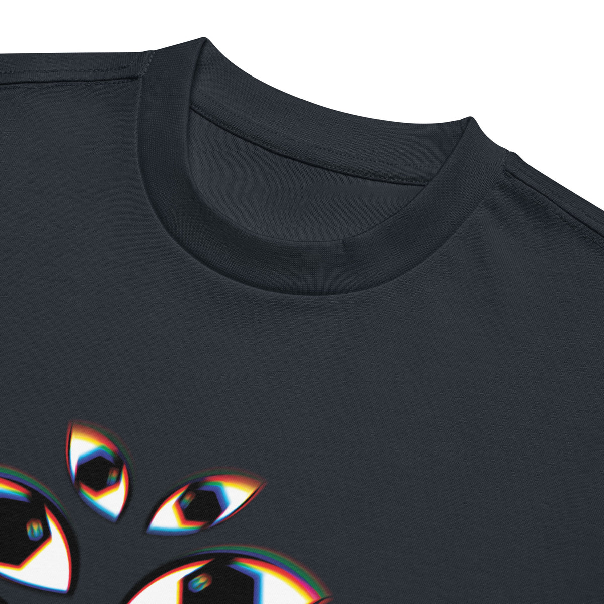 I See You cotton box t-shirt in Navy Blazer, detail: collar and top eyes, red, yellow and blue edges, rainbow highlights