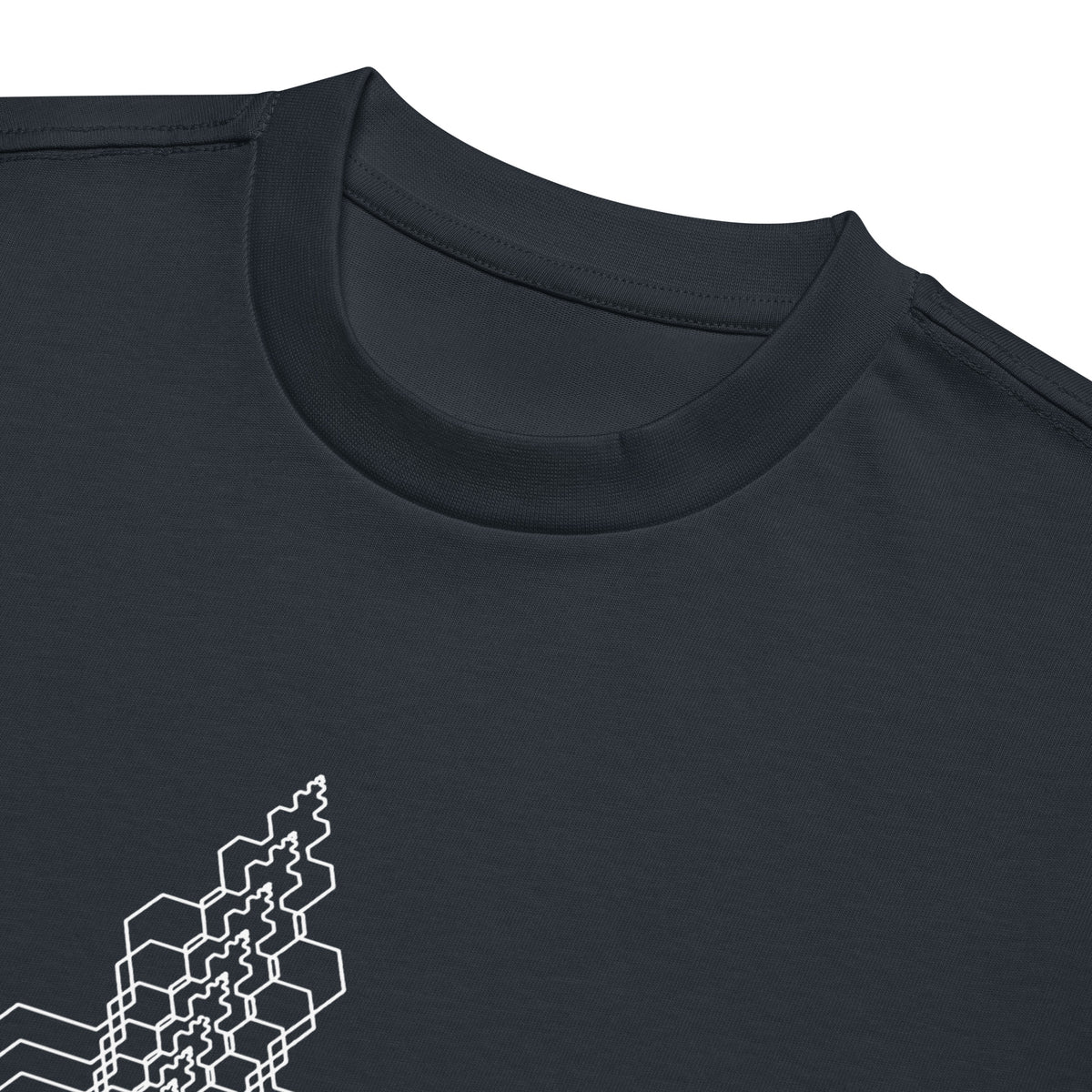 Fractal Triangle B&W cotton box t-shirt in Navy Blazer, detail: ribbed collar above stepped white hexagon outlines