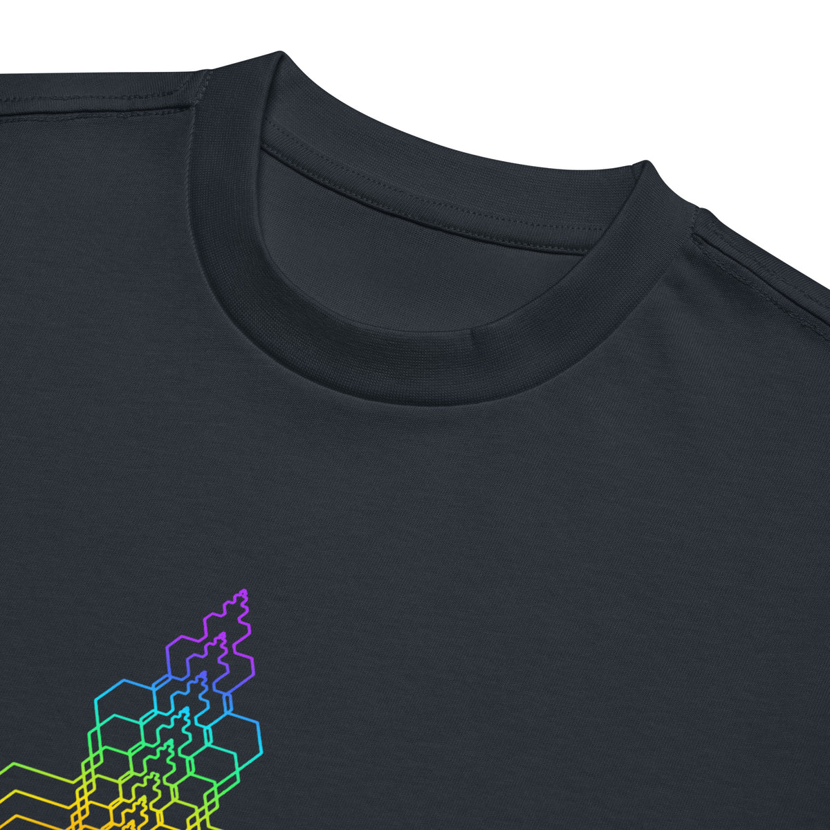 Fractal Triangle Rainbow cotton box t-shirt in Navy Blazer, detail: ribbed collar above the violet and blue hexagon tip