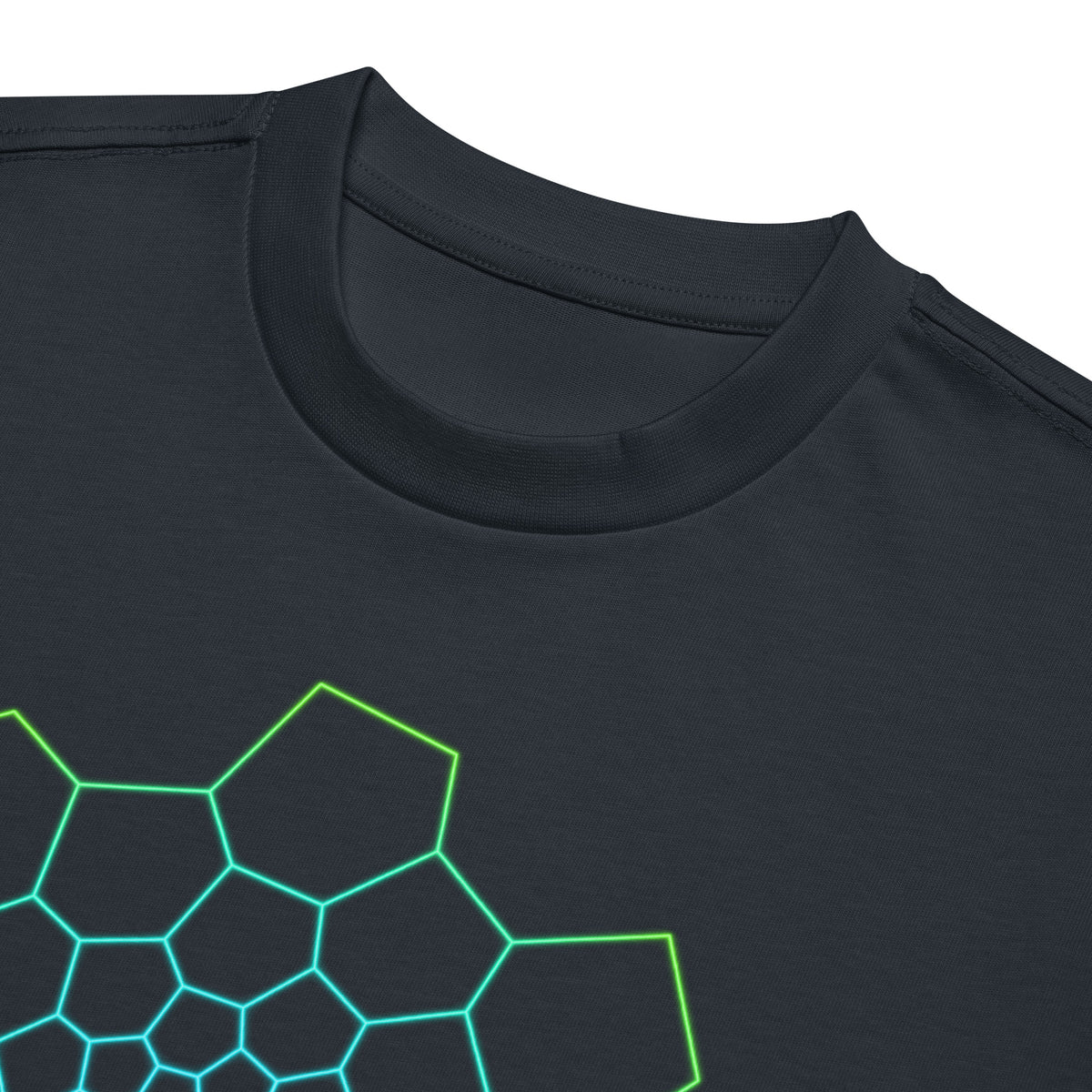 Fibonacci Sequence 1 cotton box t-shirt in Navy Blazer, close-up at the collar: green and cyan spiral of cells
