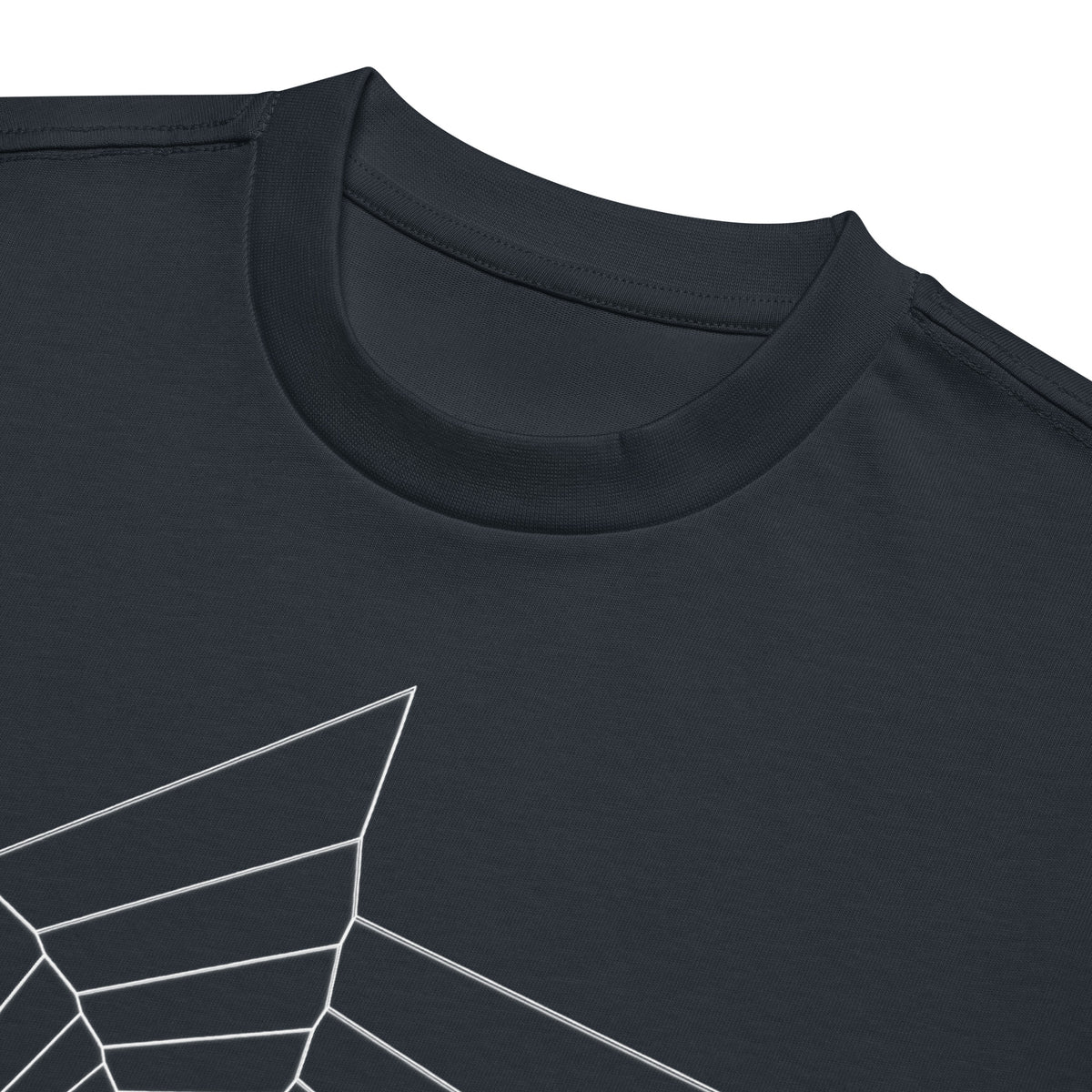 Fibonacci Sequence 2 B&W cotton box t-shirt in Navy Blazer, close-up at the collar: white star-shaped spiral of lines
