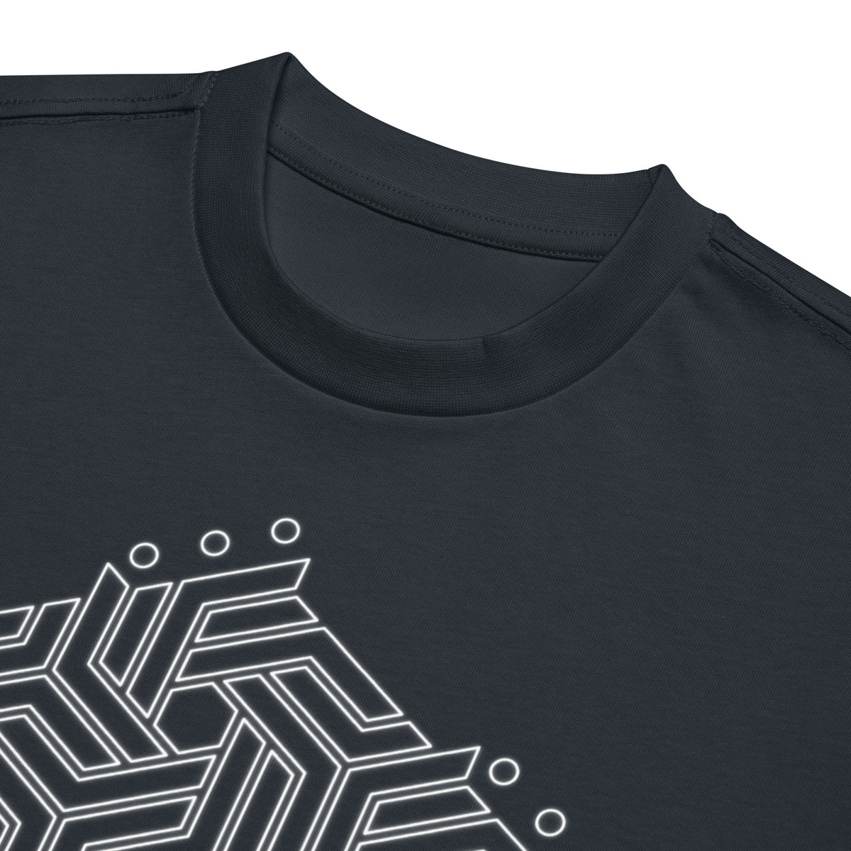 GeoTron B&W cotton box t-shirt in Navy Blazer, close-up at the collar: white hexagon of interlocking chevrons