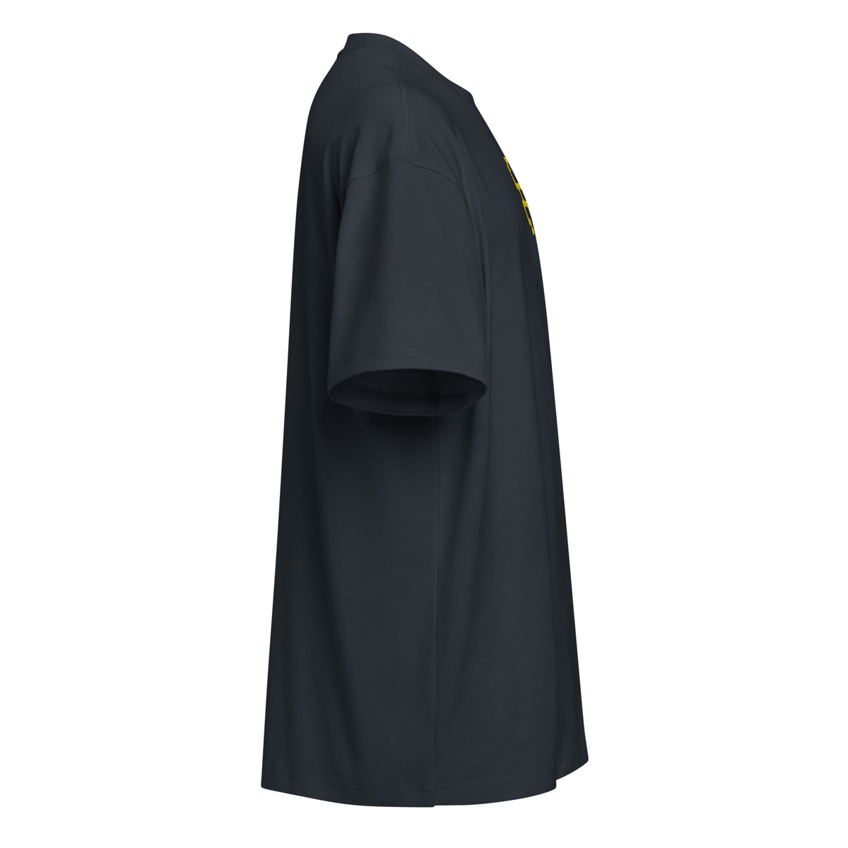 Invaders embroidered box tee in Navy Blazer, right side view: plain sleeve, edge of the yellow front figure