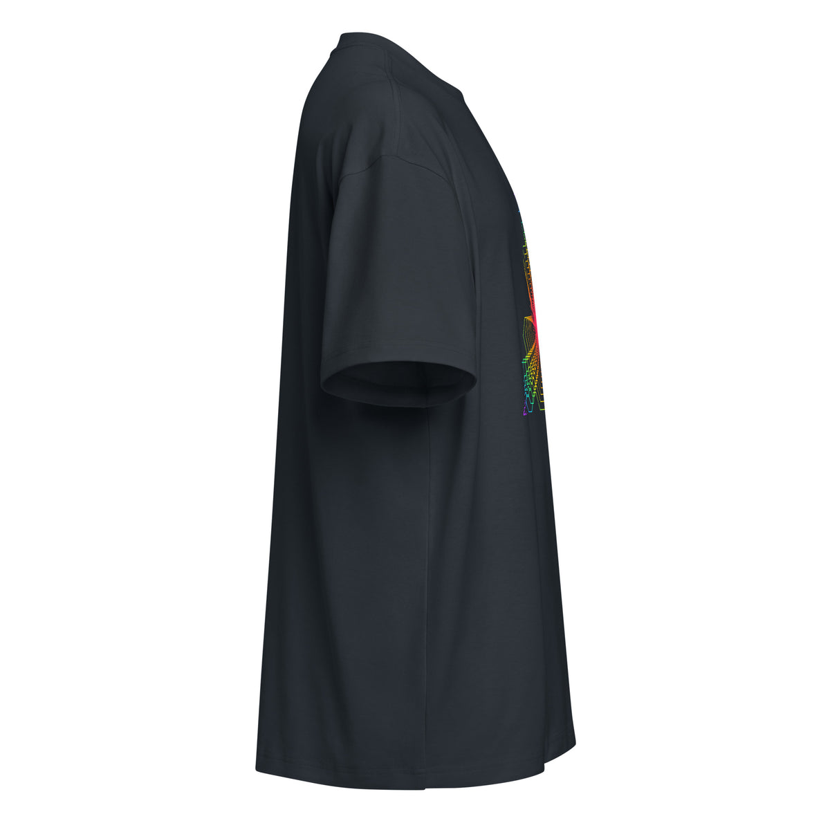 Fractal Triangle Rainbow cotton box t-shirt in Navy Blazer, right side view: plain sleeve, edge of the front print
