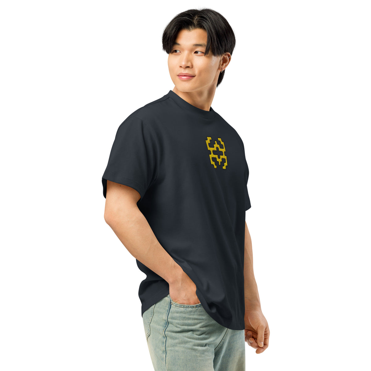 Invaders embroidered box tee in Navy Blazer, right front on a person: golden yellow stepped figure on the chest