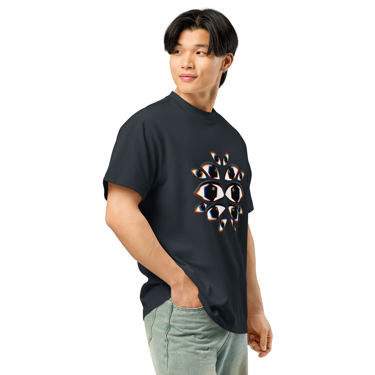 I See You cotton box t-shirt in Navy Blazer, right front on a person: the eye print seen at an angle, right sleeve plain