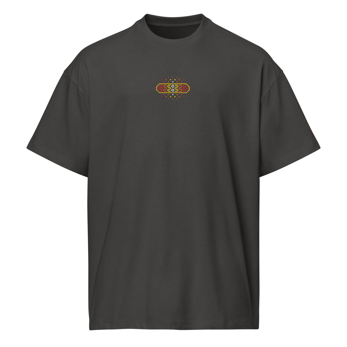Invaders 2 embroidered box tee in Vintage Black, front view: small red, orange, yellow and white badge in a yellow frame