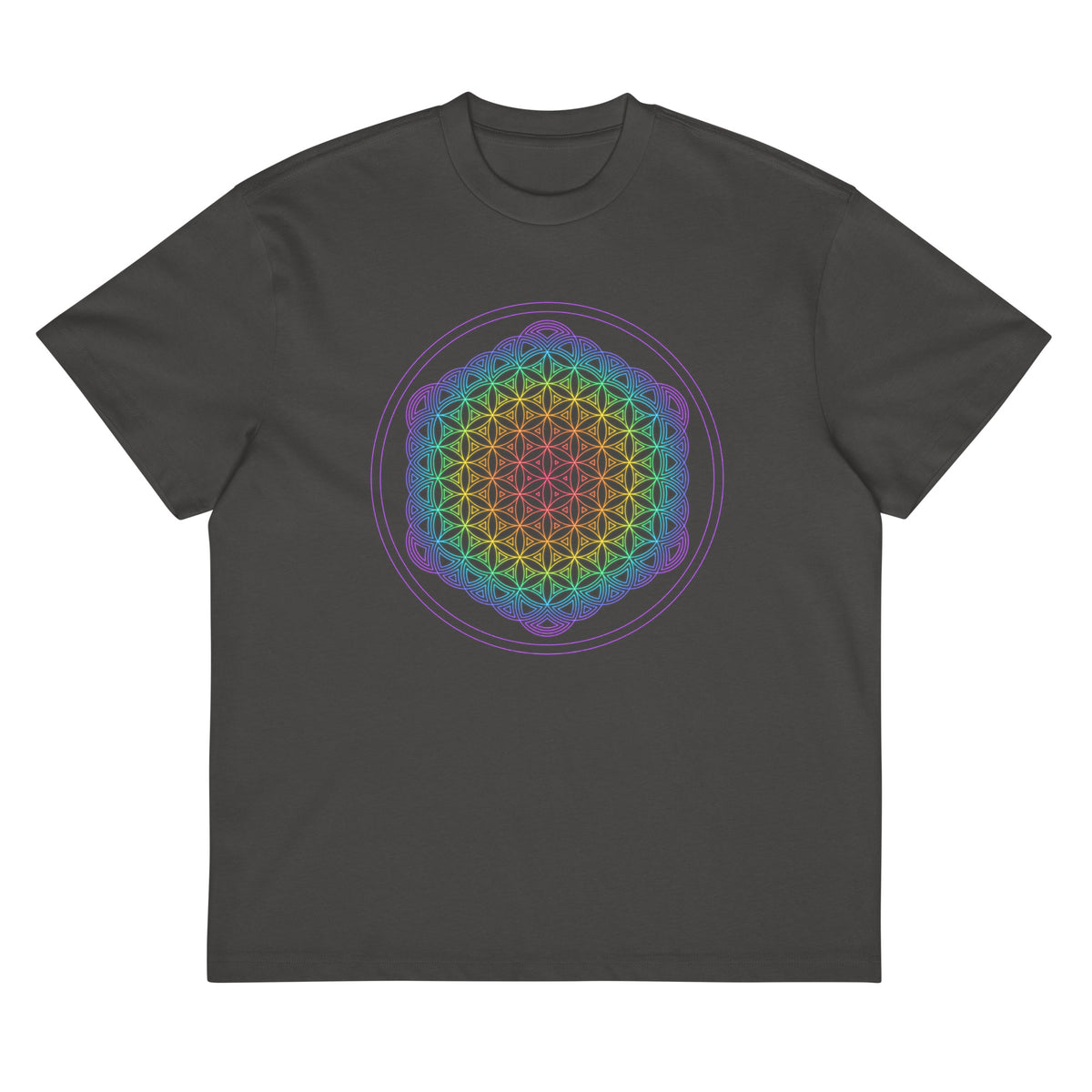 Life of a Flower cotton box t-shirt in Vintage Black, flat front view: rainbow flower of life inside two violet circles