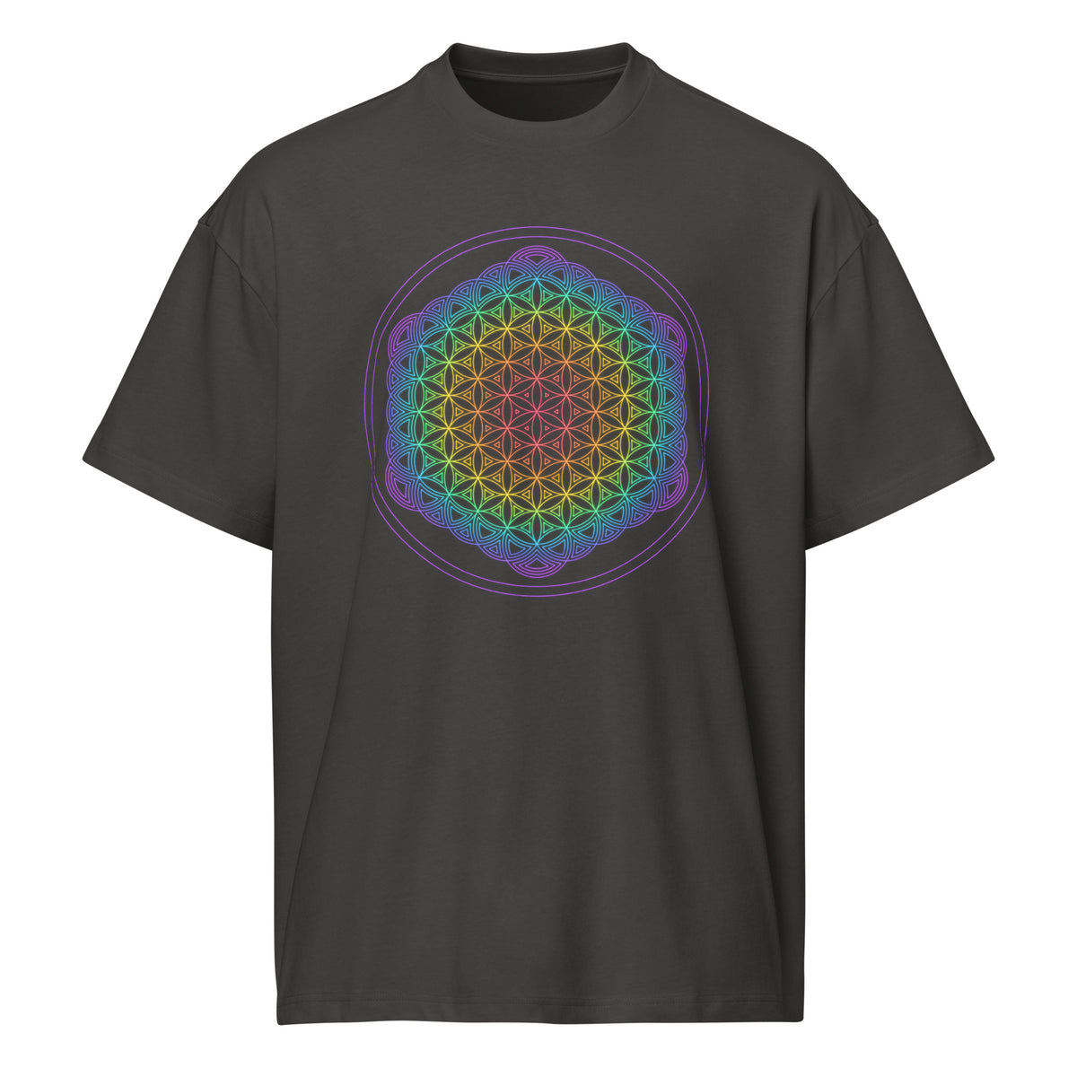 Life of a Flower cotton box t-shirt in Vintage Black, front view: rainbow flower of life pattern inside two violet circles