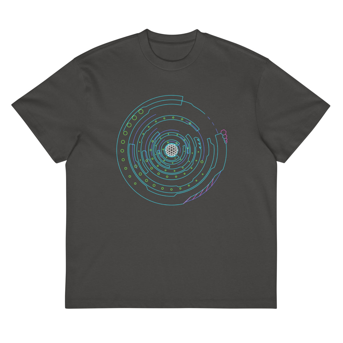 Hex Core cotton box t-shirt in Vintage Black, flat front view: rings, green dots and magenta hexagons on the chest