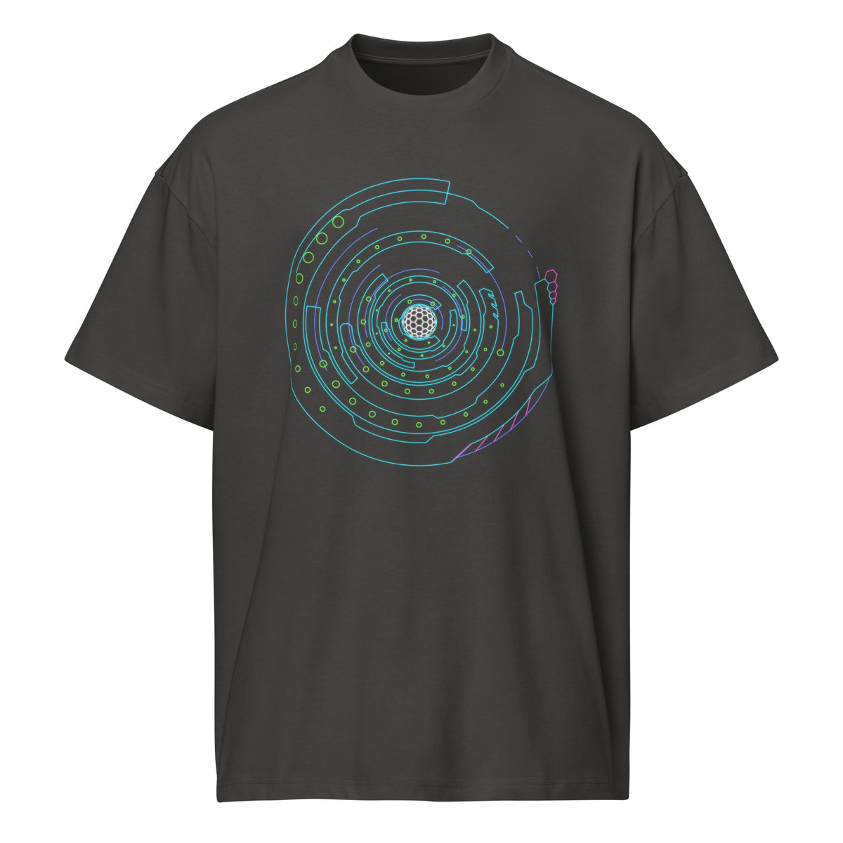 Hex Core cotton box t-shirt in Vintage Black, front view: turquoise, violet and green rings around a white hexagon sphere
