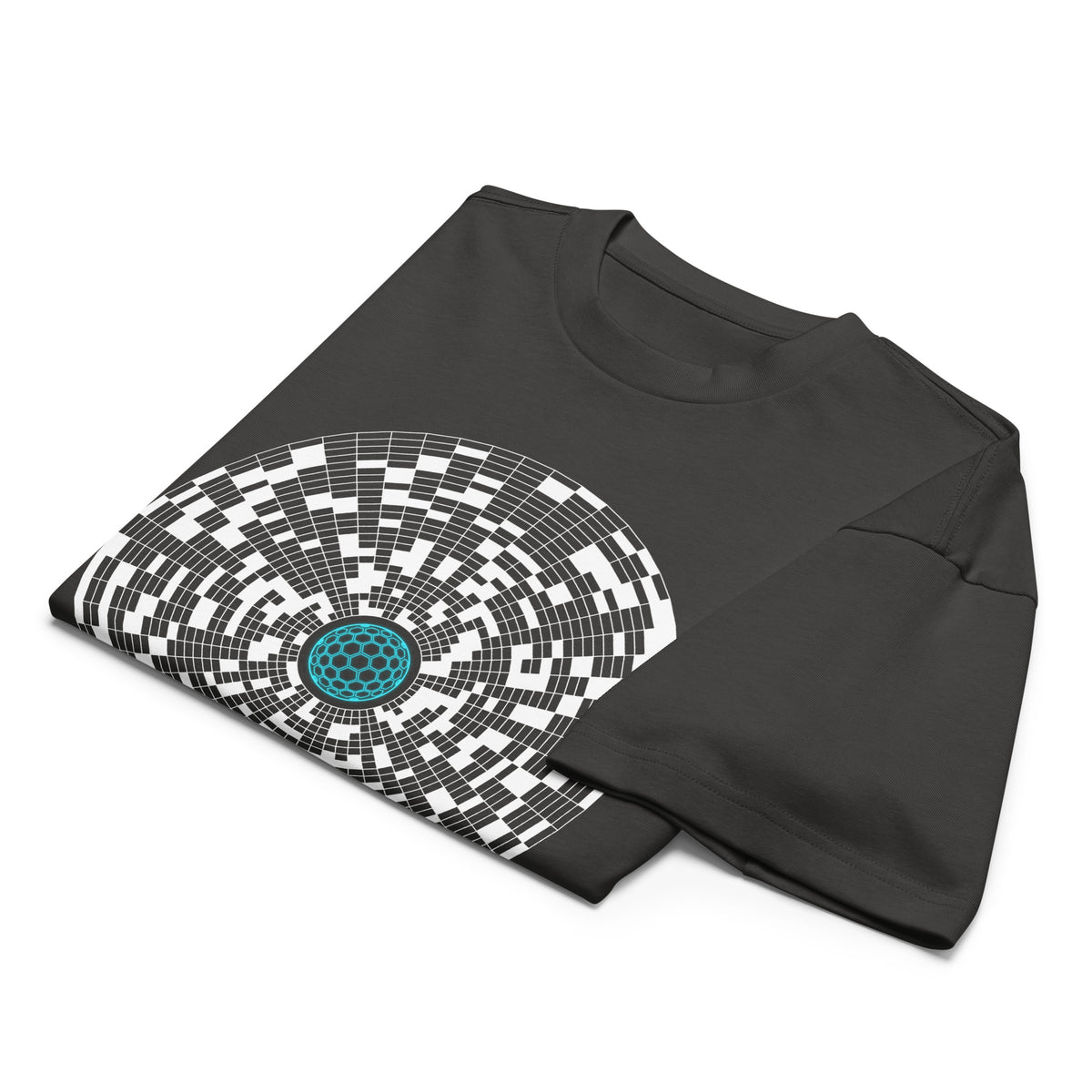 Broken Hex Core cotton box t-shirt in Vintage Black, folded: the turquoise hexagon sphere and part of the white cell disc