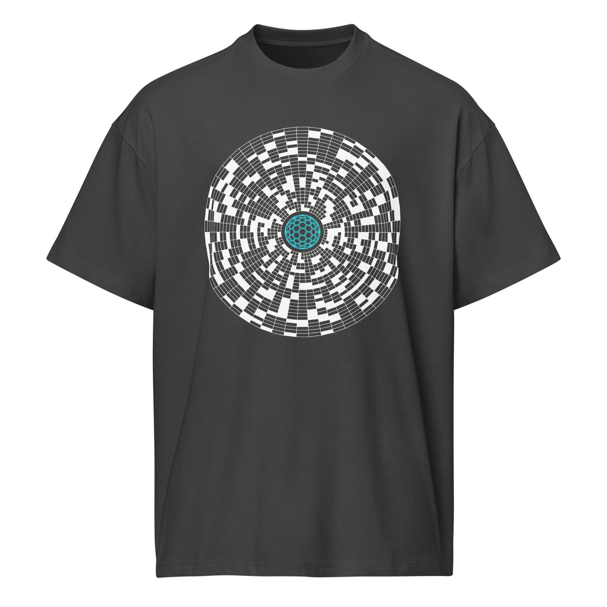 Broken Hex Core cotton box t-shirt in Vintage Black, front view: white cell disc around a turquoise hexagon sphere