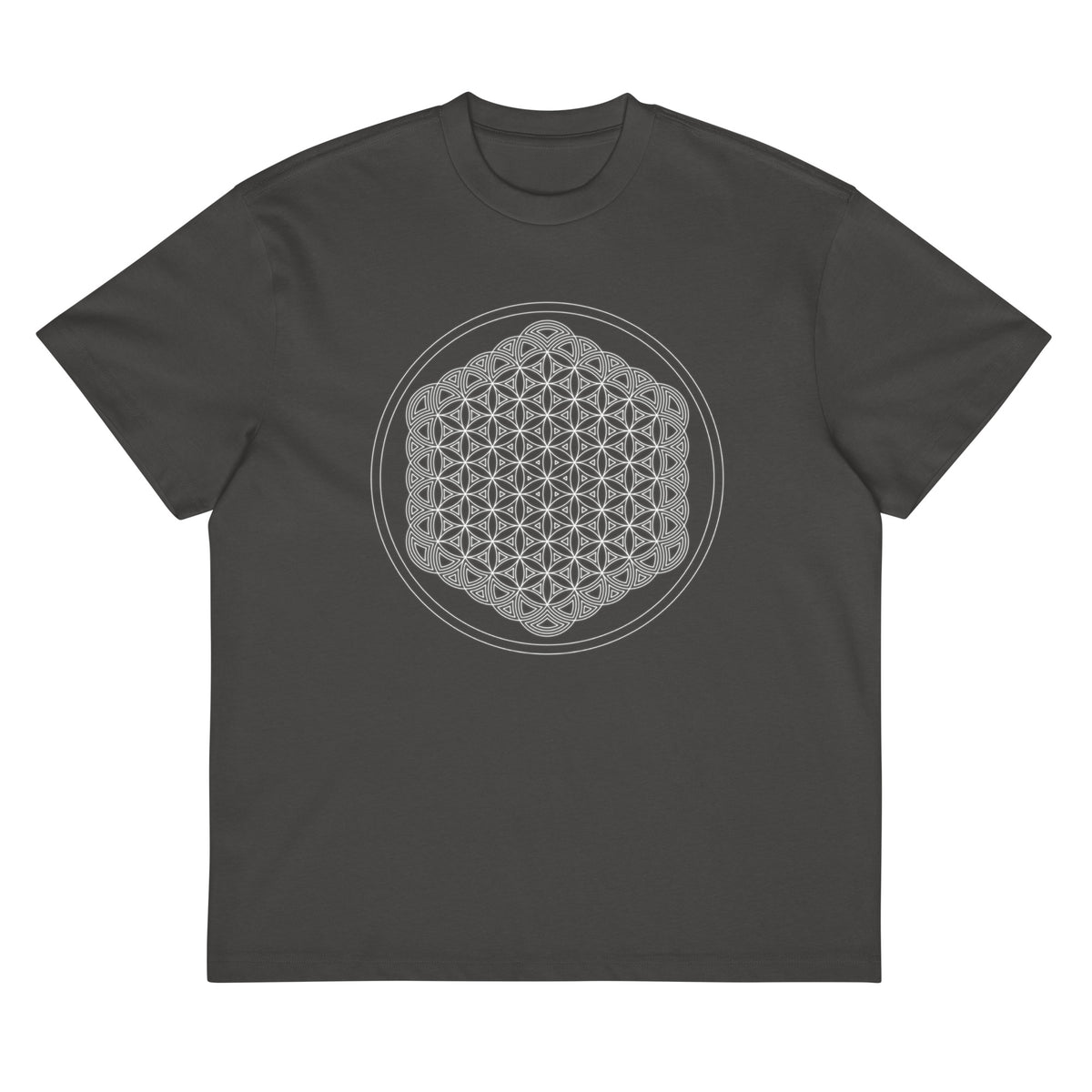 Life of a Flower B&W cotton box t-shirt in Vintage Black, flat front view: white flower of life inside two thin circles