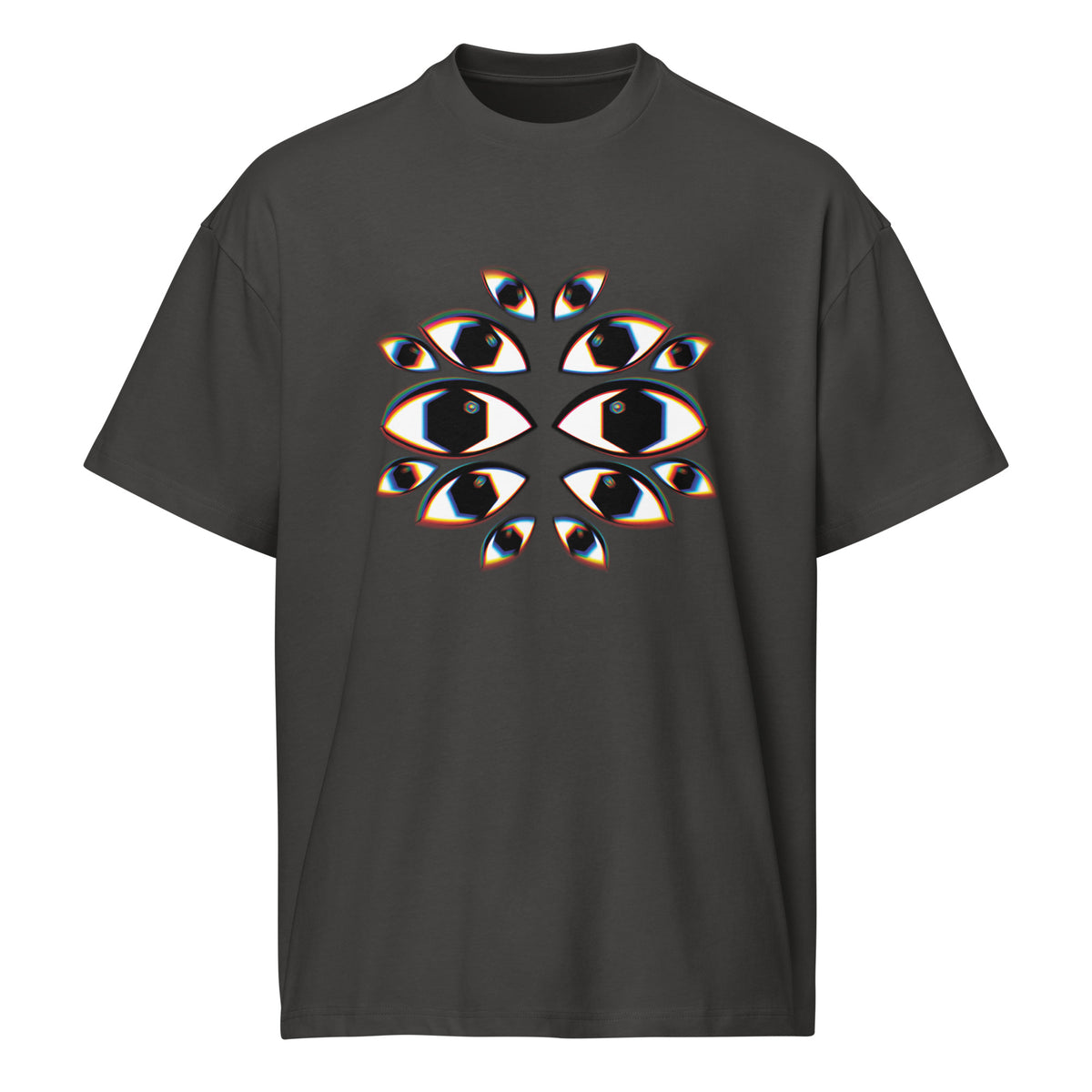 I See You cotton box t-shirt in Vintage Black, front view: fourteen mirrored eyes with black hexagon pupils on the chest