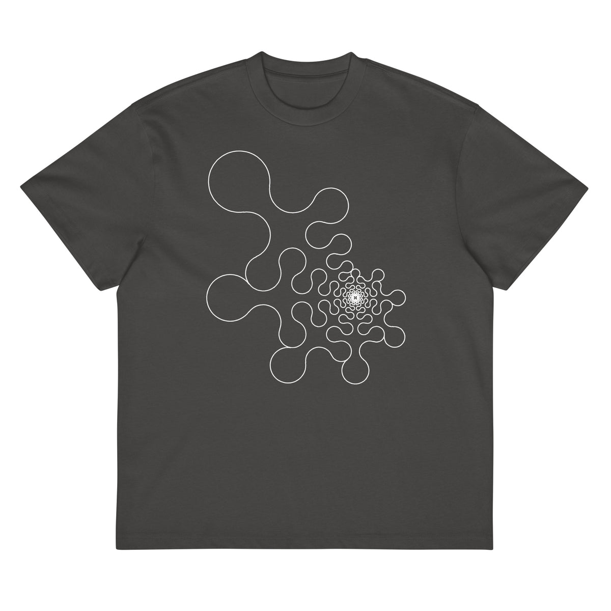 Metaball B&W cotton box t-shirt in Vintage Black, flat front view: white outline of rounded lobes around a dense core