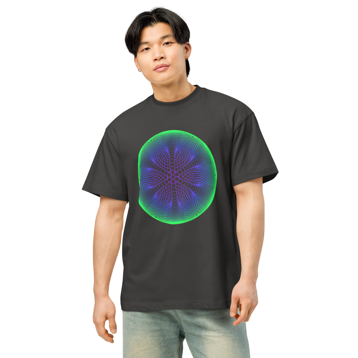 Star Weave cotton box t-shirt in Vintage Black, front view on a model: green and violet line disc across the chest