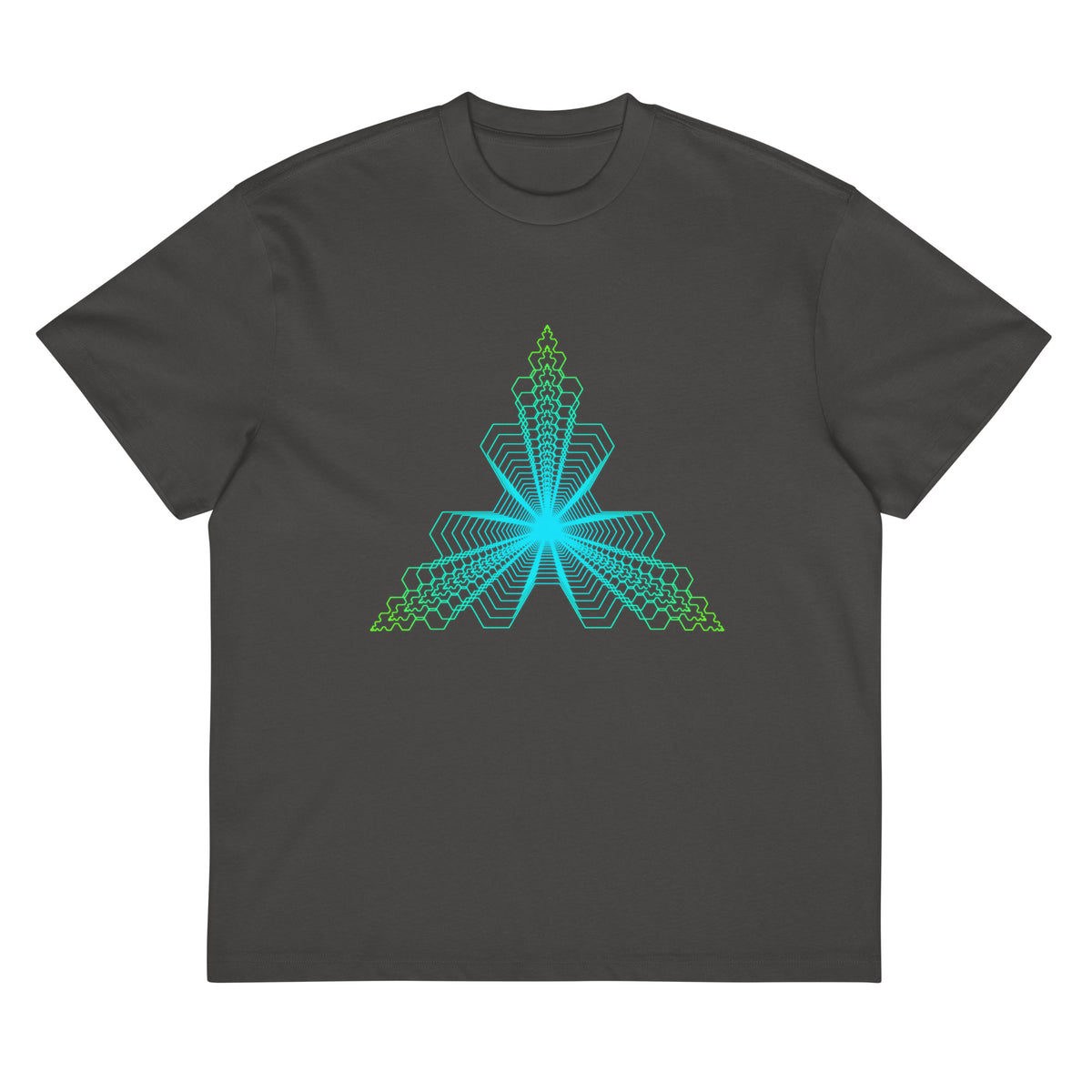 Fractal Triangle cotton box t-shirt in Vintage Black, flat front: turquoise to lime green hexagon triangle on the chest
