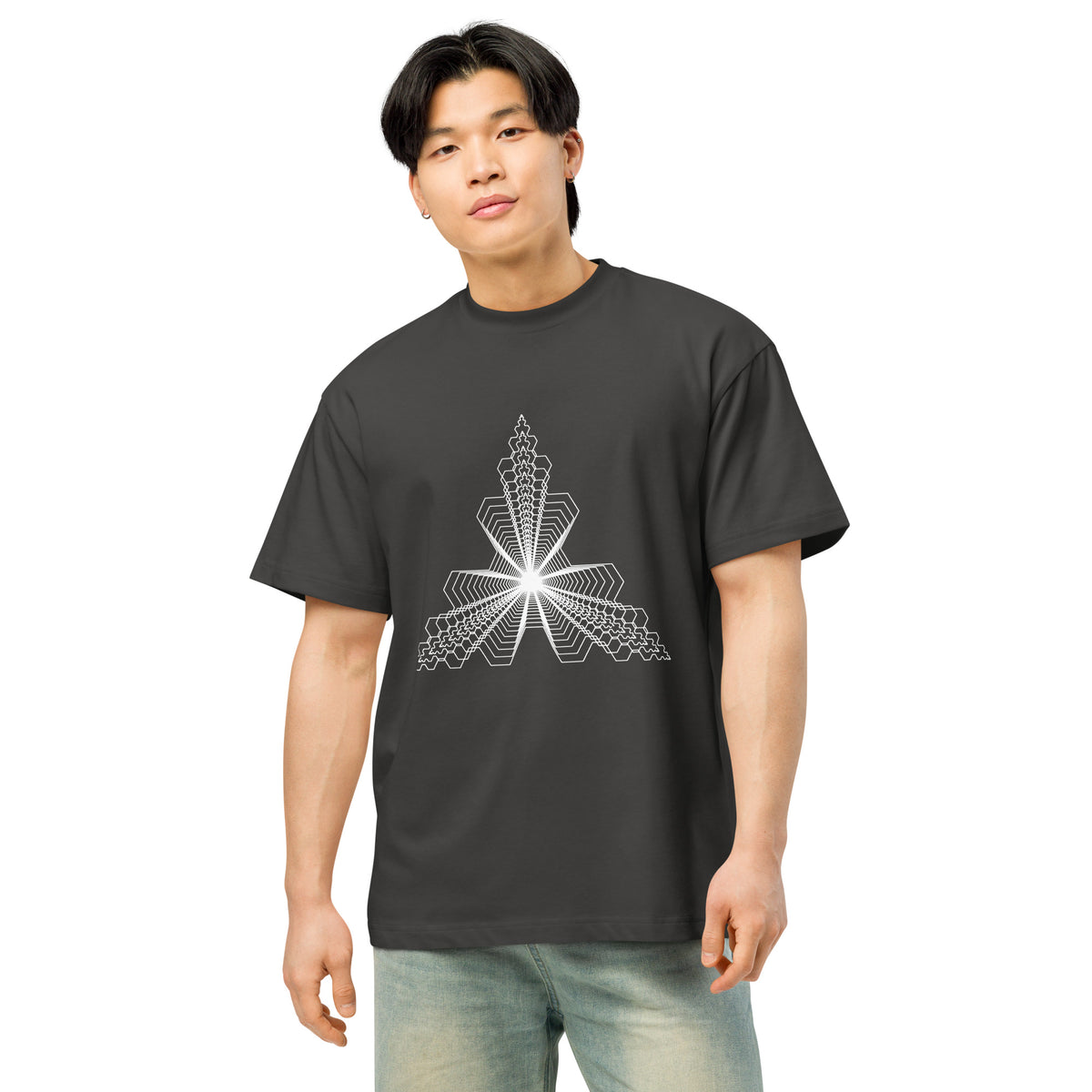 Fractal Triangle B&W cotton box t-shirt in Vintage Black, front on a model: white hexagon triangle on the chest