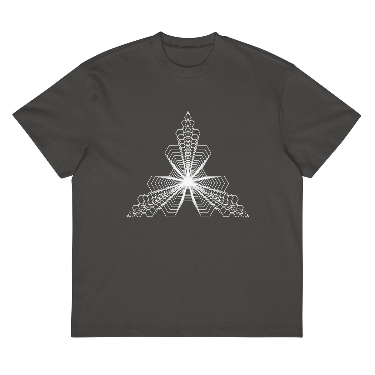 Fractal Triangle B&W cotton box t-shirt in Vintage Black, flat front: white hexagon triangle on the chest