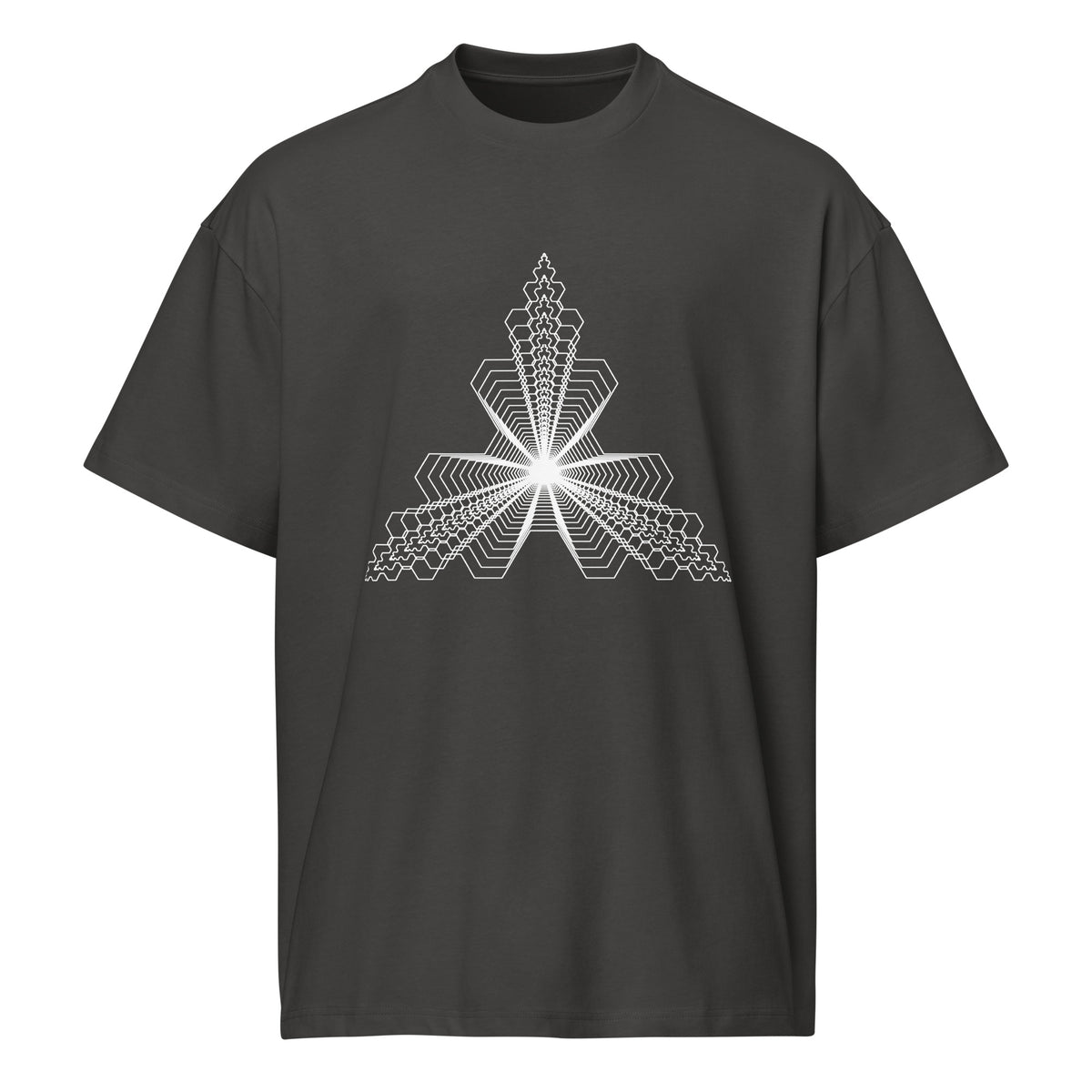 Fractal Triangle B&W cotton box t-shirt in Vintage Black, front view: white triangle of nested hexagon outlines
