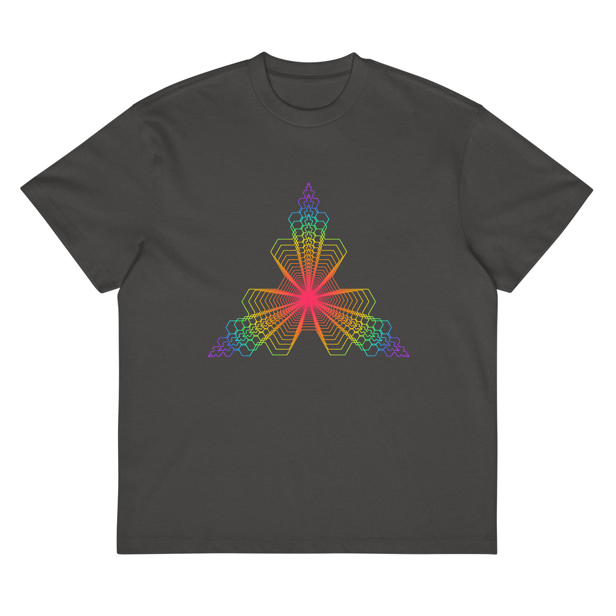 Fractal Triangle Rainbow cotton box t-shirt in Vintage Black, flat front view: rainbow hexagon triangle on the chest