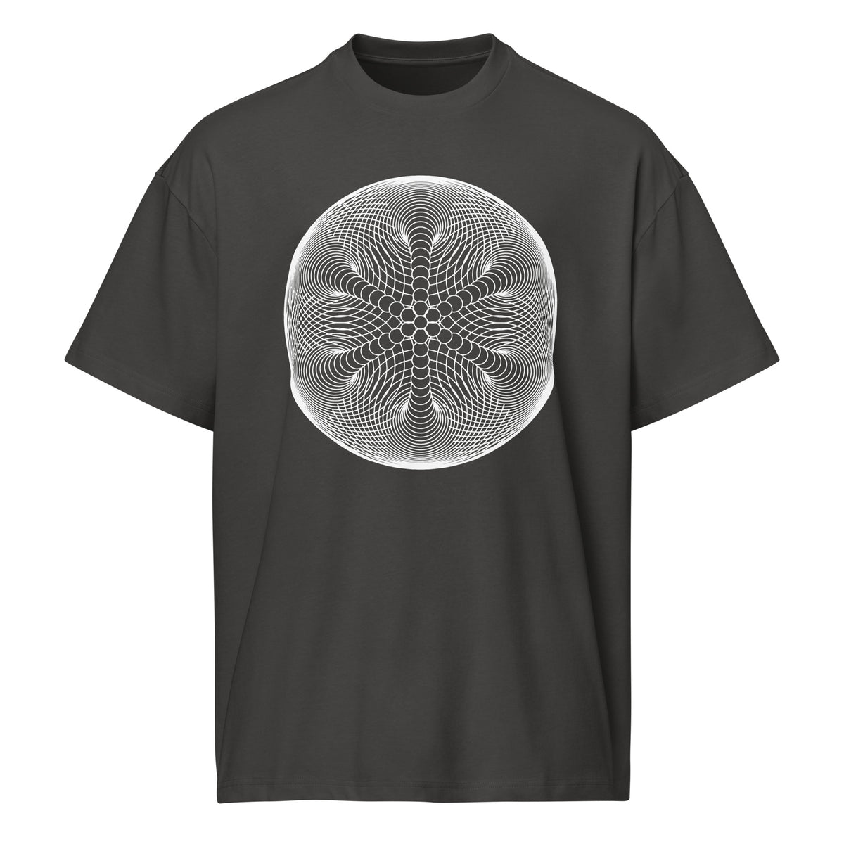 Star Weave B&W cotton box t-shirt in Vintage Black, front view: white disc of fine line circles with a six-armed star