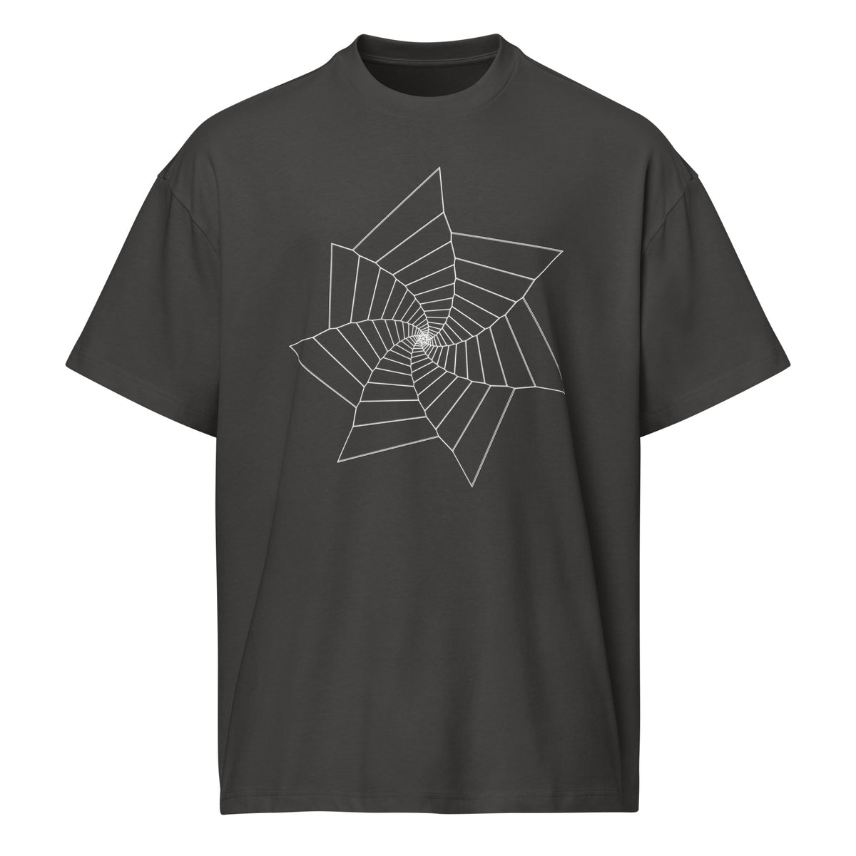 Fibonacci Sequence 2 B&W cotton box t-shirt in Vintage Black, front view: white star-shaped spiral of lines on the chest