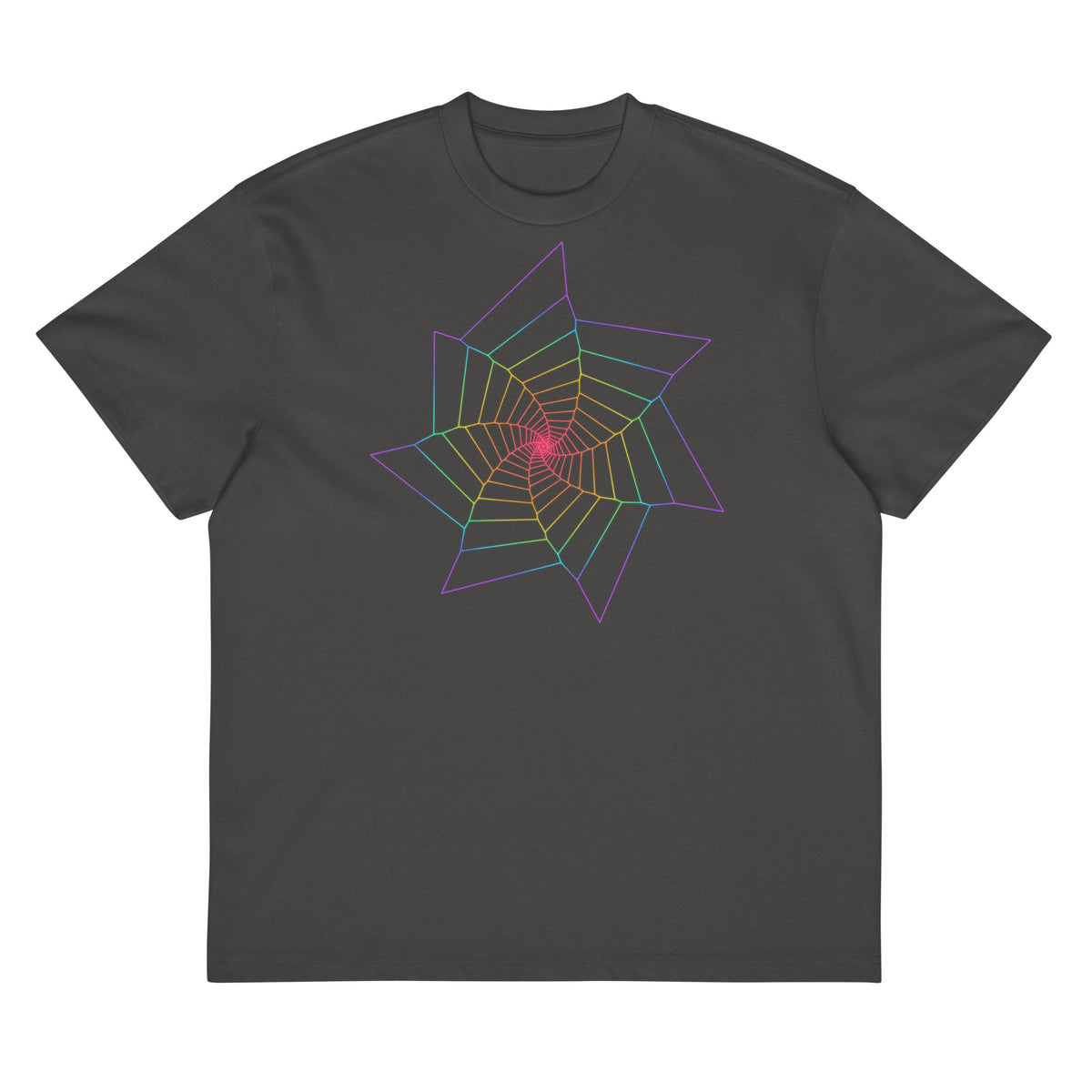 Fibonacci Sequence 2 Rainbow cotton box t-shirt in Vintage Black, front view: rainbow star spiral on the chest