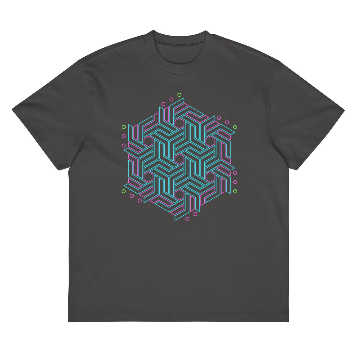 GeoTron Turquoise cotton box t-shirt in Vintage Black, front view: turquoise chevron hexagon on the chest