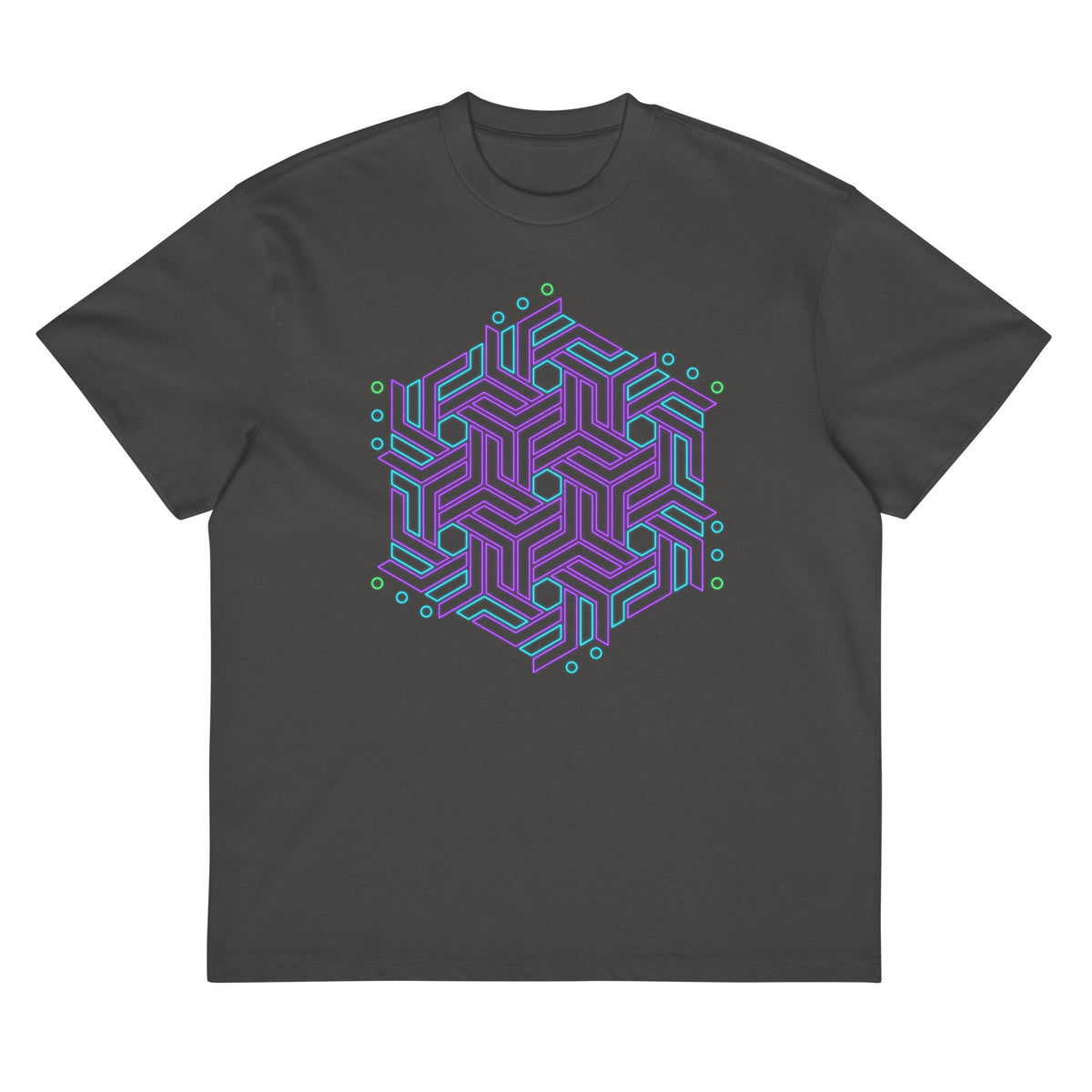 GeoTron Violet cotton box t-shirt in Vintage Black, front view: violet and blue hexagon of interlocking chevrons on the chest