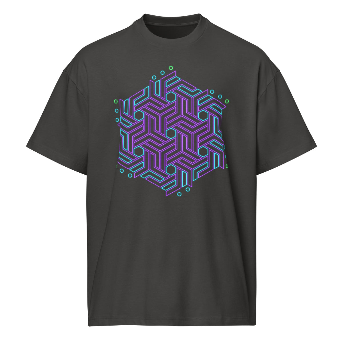 GeoTron Violet cotton box t-shirt in Vintage Black, front view: violet and blue hexagon of interlocking chevrons on the chest