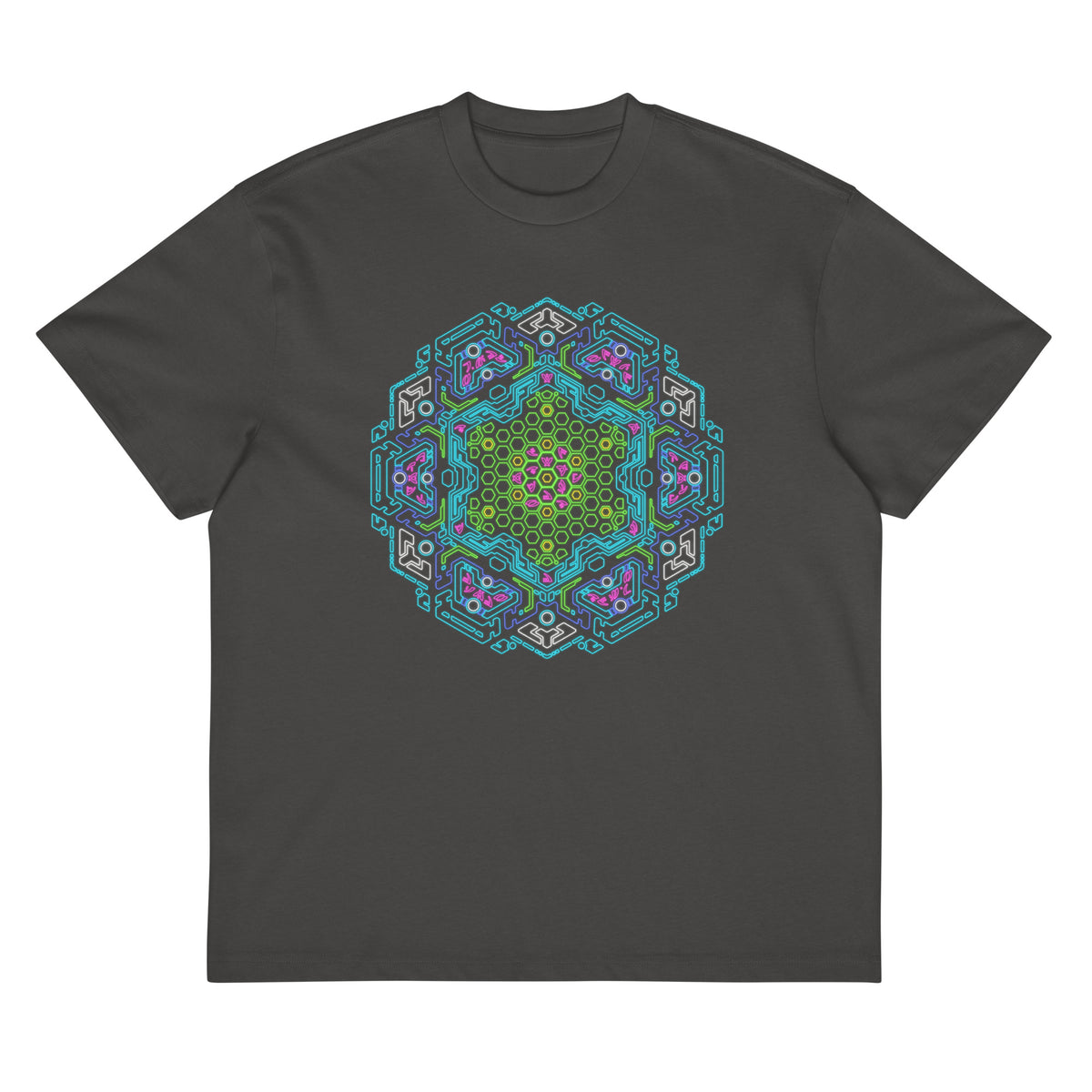 Neural Program Turquoise cotton box t-shirt in Vintage Black, front view: green and turquoise mandala on the chest