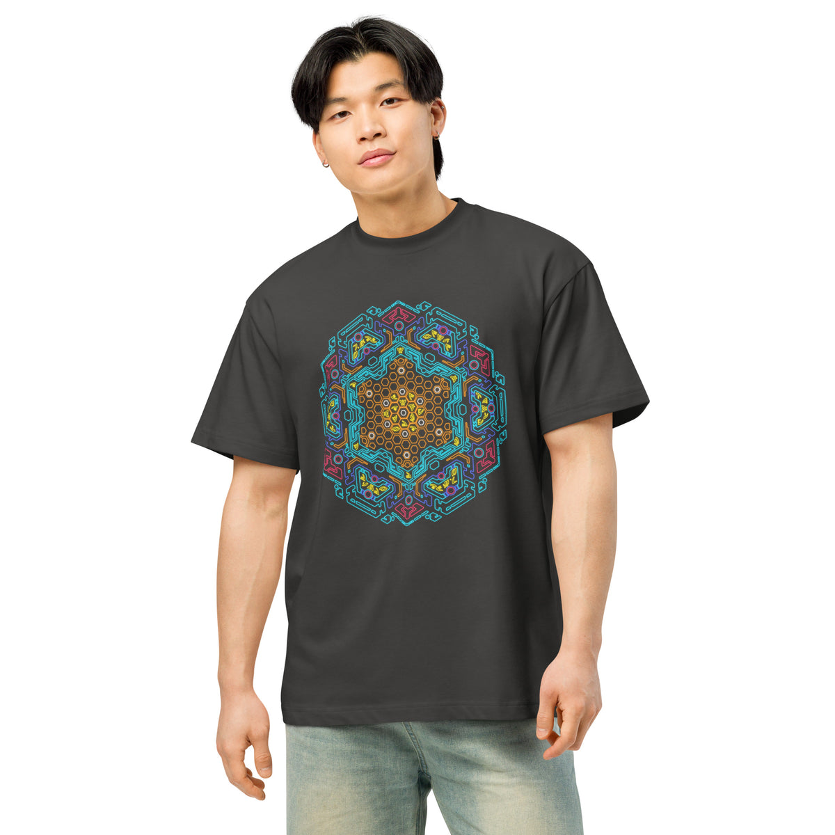 Neural Program Gold cotton box t-shirt in Vintage Black, front view on a model: gold and turquoise mandala