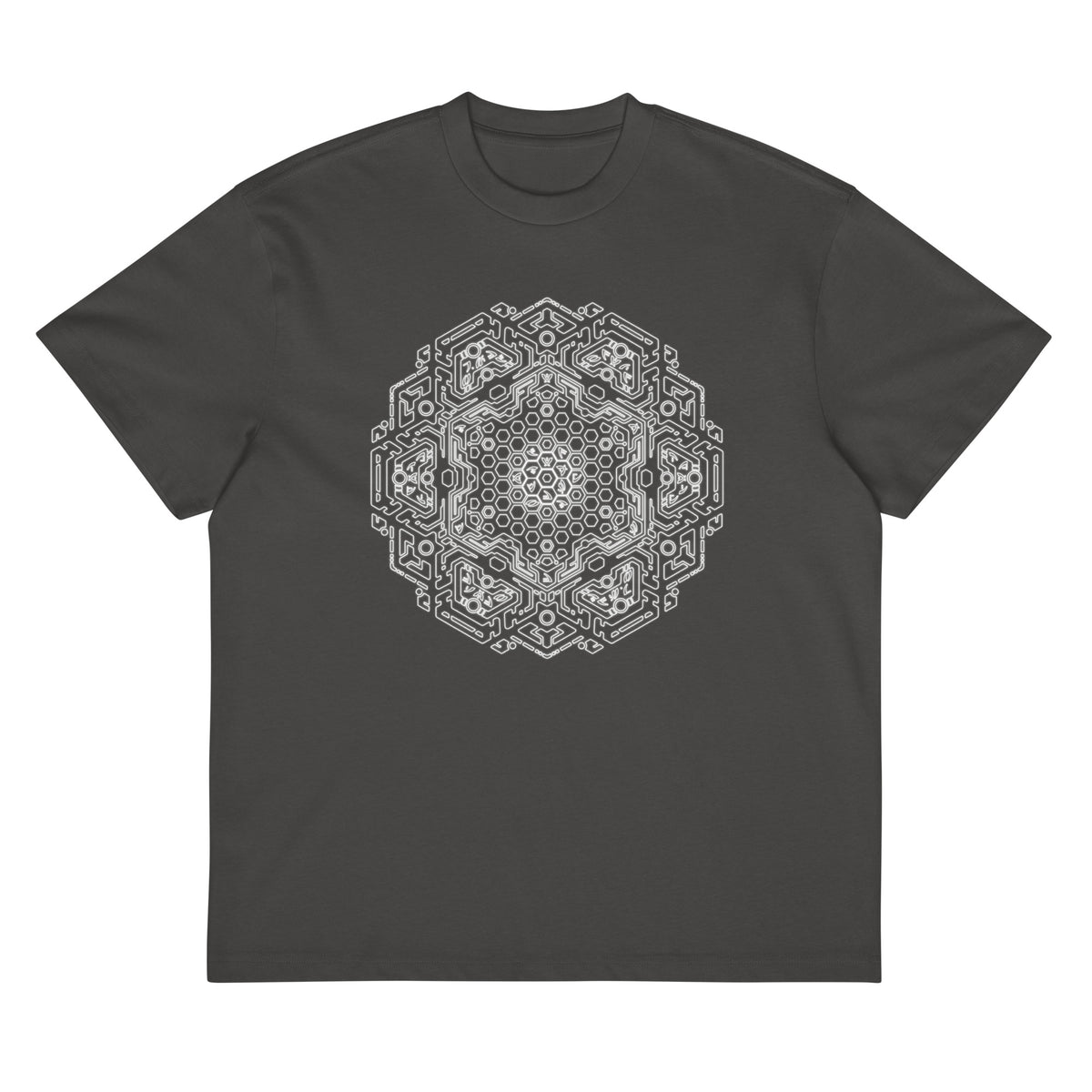 Neural Program B&W cotton box t-shirt in Vintage Black, front view: white honeycomb mandala on the chest