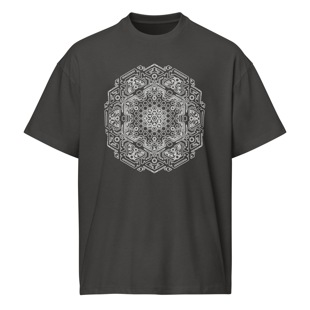 Neural Program B&W cotton box t-shirt in Vintage Black, front view: white honeycomb mandala on the chest