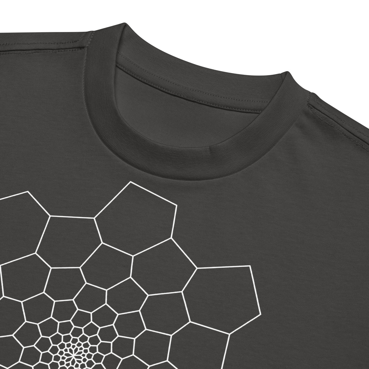 Fibonacci Sequence 1 B&W cotton box t-shirt in Vintage Black, close-up at the collar: white spiral of cells