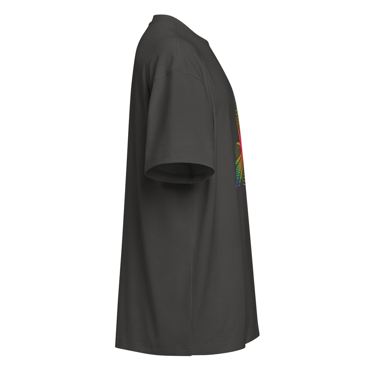 Fractal Triangle Rainbow cotton box t-shirt in Vintage Black, right side view: plain sleeve, edge of the front print