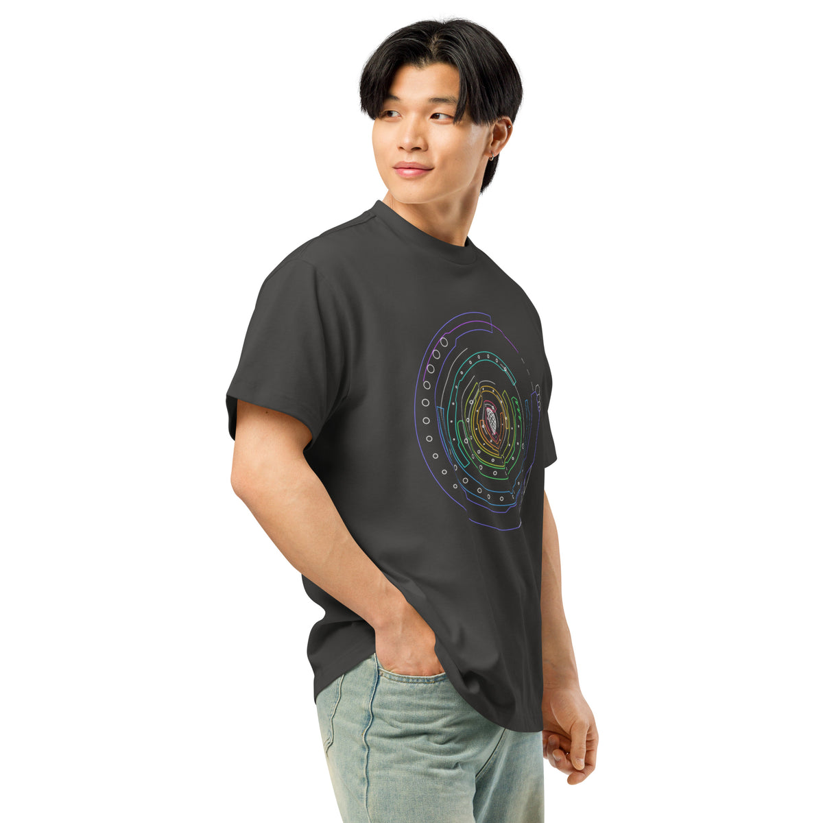 Hex Core Rainbow cotton box t-shirt in Vintage Black, right front view on a model: the ring print at an angle