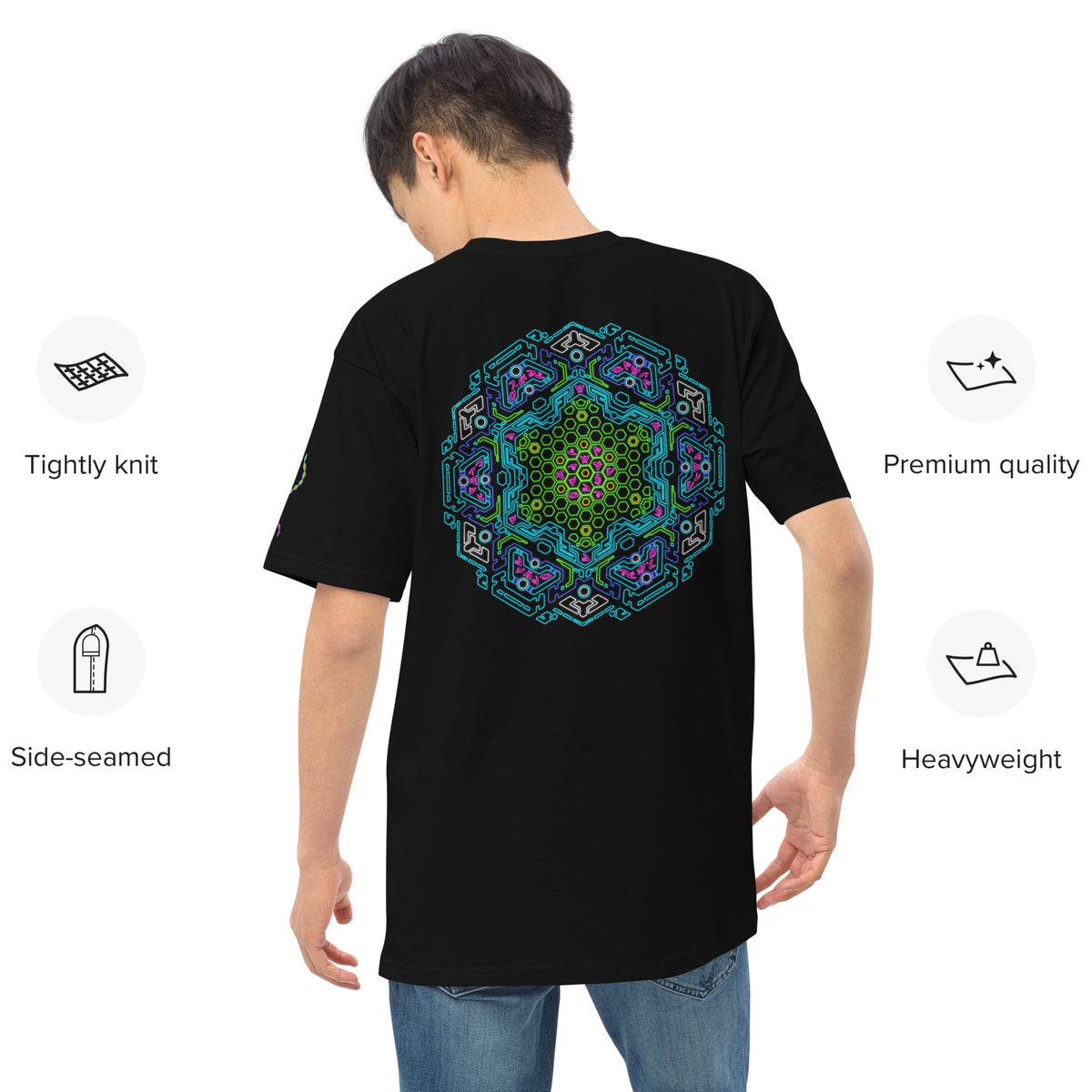 Neural Star Tree premium heavyweight t-shirt in Black, back view on a model: the Neural Program mandala