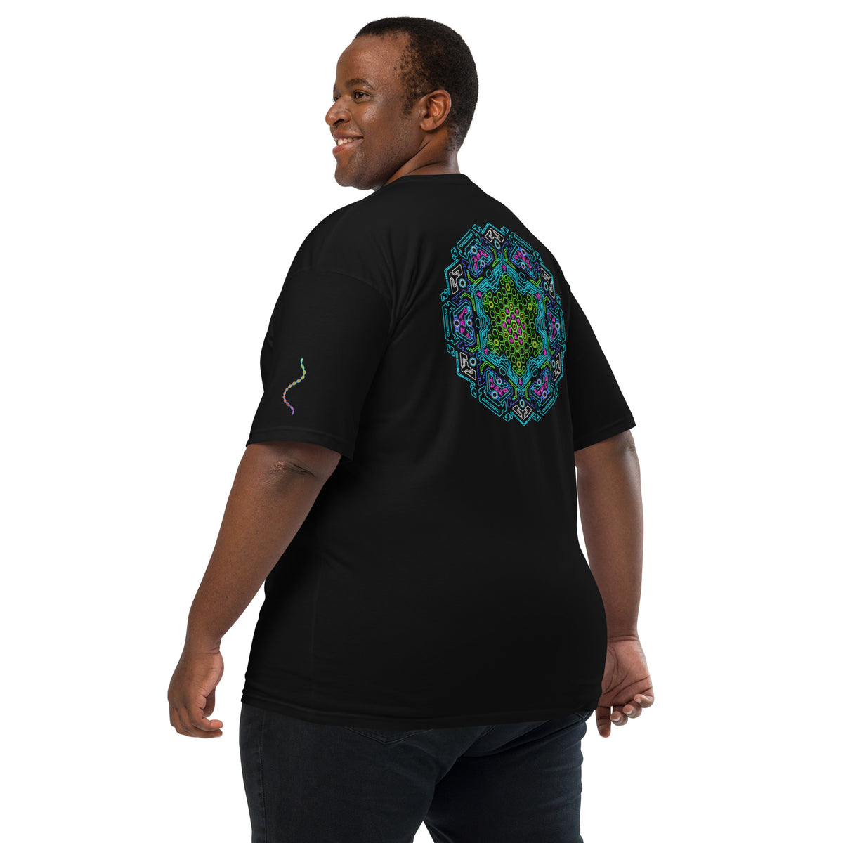 Neural Star Tree premium heavyweight t-shirt in Black, back view: the Neural Program mandala across the back