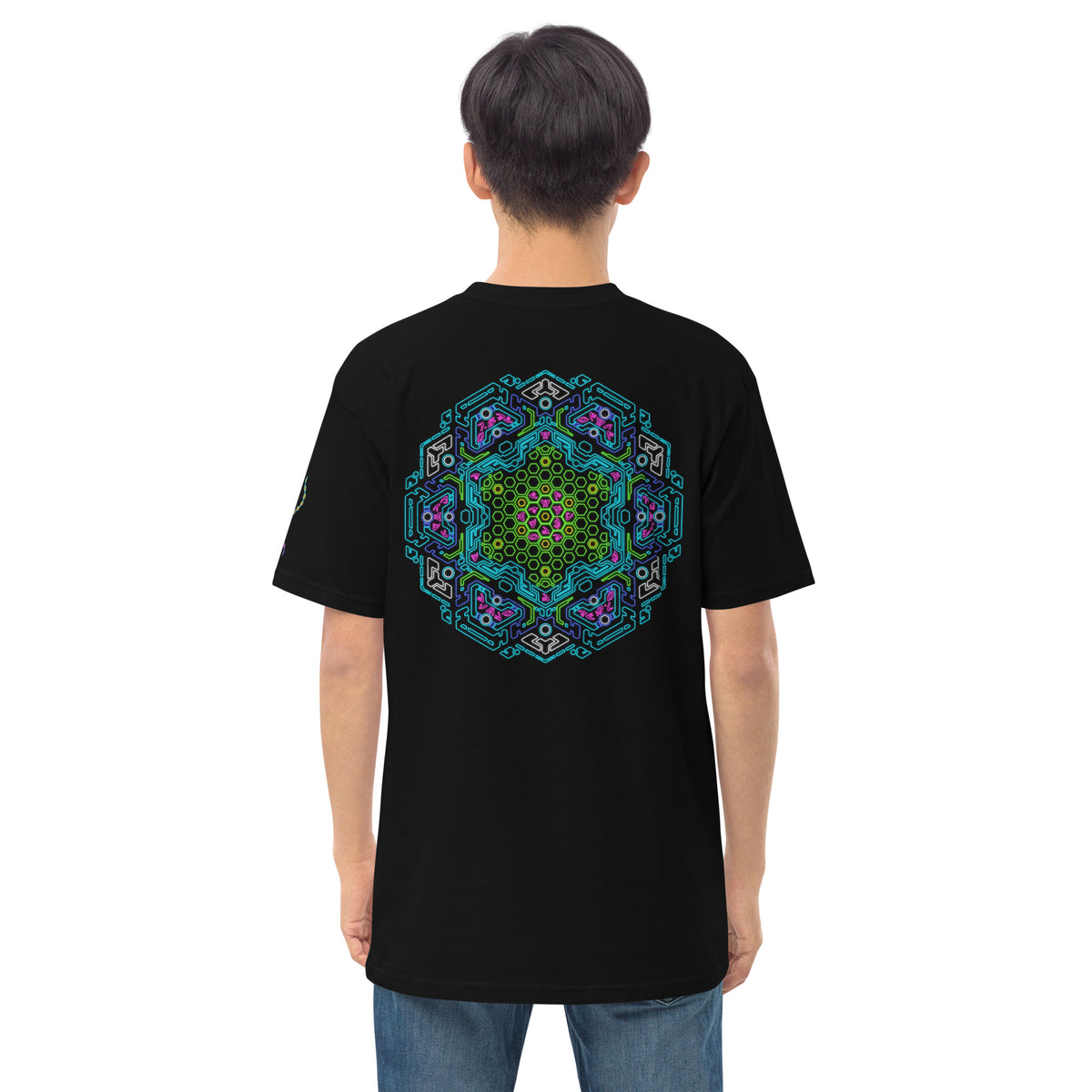 Neural Star Tree premium heavyweight t-shirt in Black, back view: the Neural Program mandala across the back