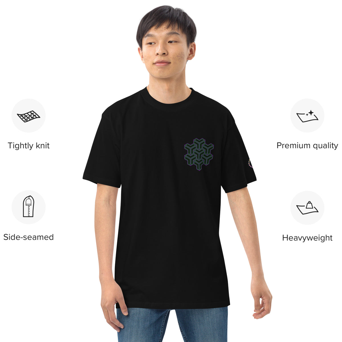 Neural Star Tree premium heavyweight t-shirt in Black, front view on a model: TreeStar small on the left chest