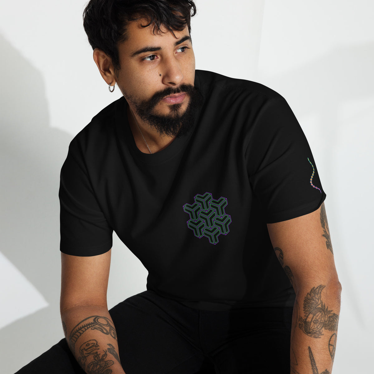 Neural Star Tree premium heavyweight t-shirt in Black, front view: TreeStar small on the left chest