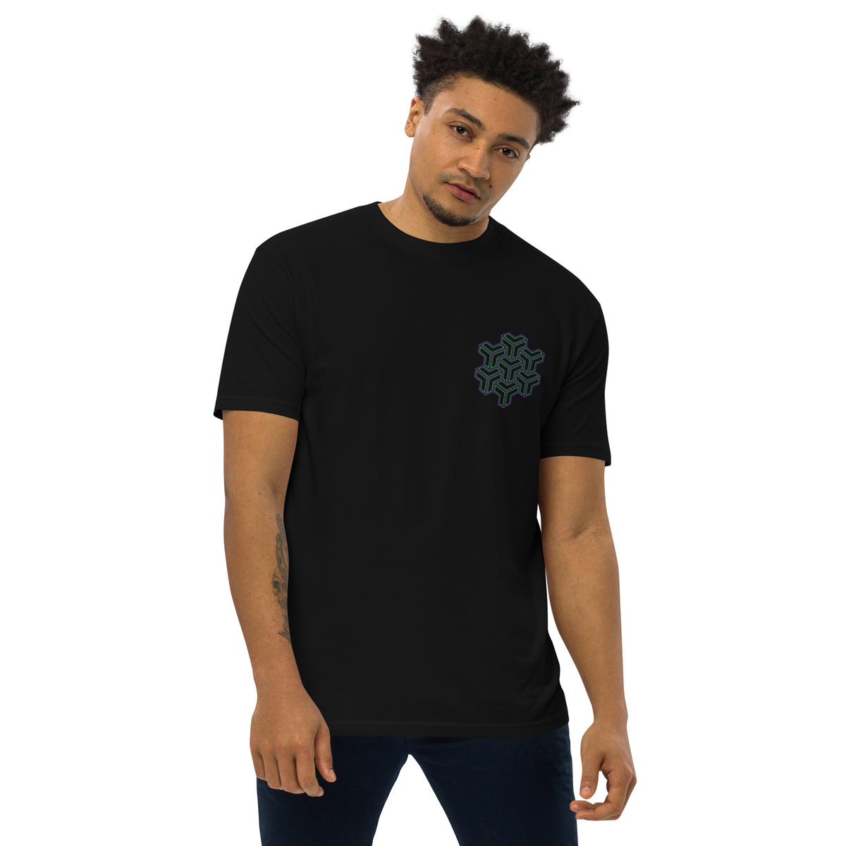 Neural Star Tree premium heavyweight t-shirt in Black, front view: TreeStar small on the left chest