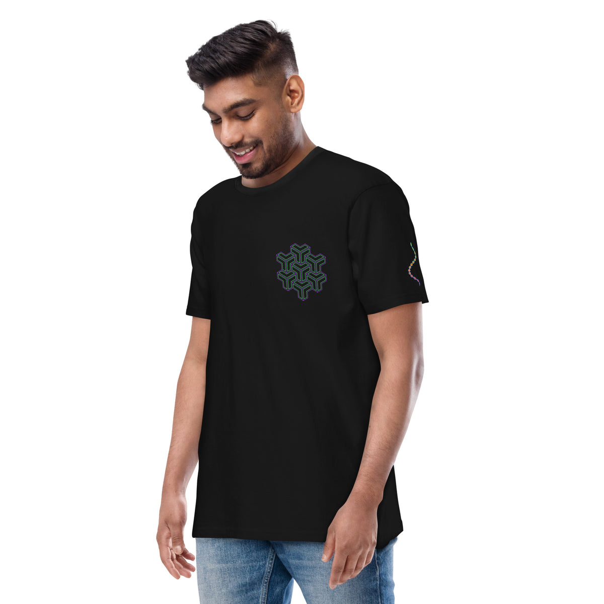 Neural Star Tree premium heavyweight t-shirt in Black, front view: TreeStar small on the left chest